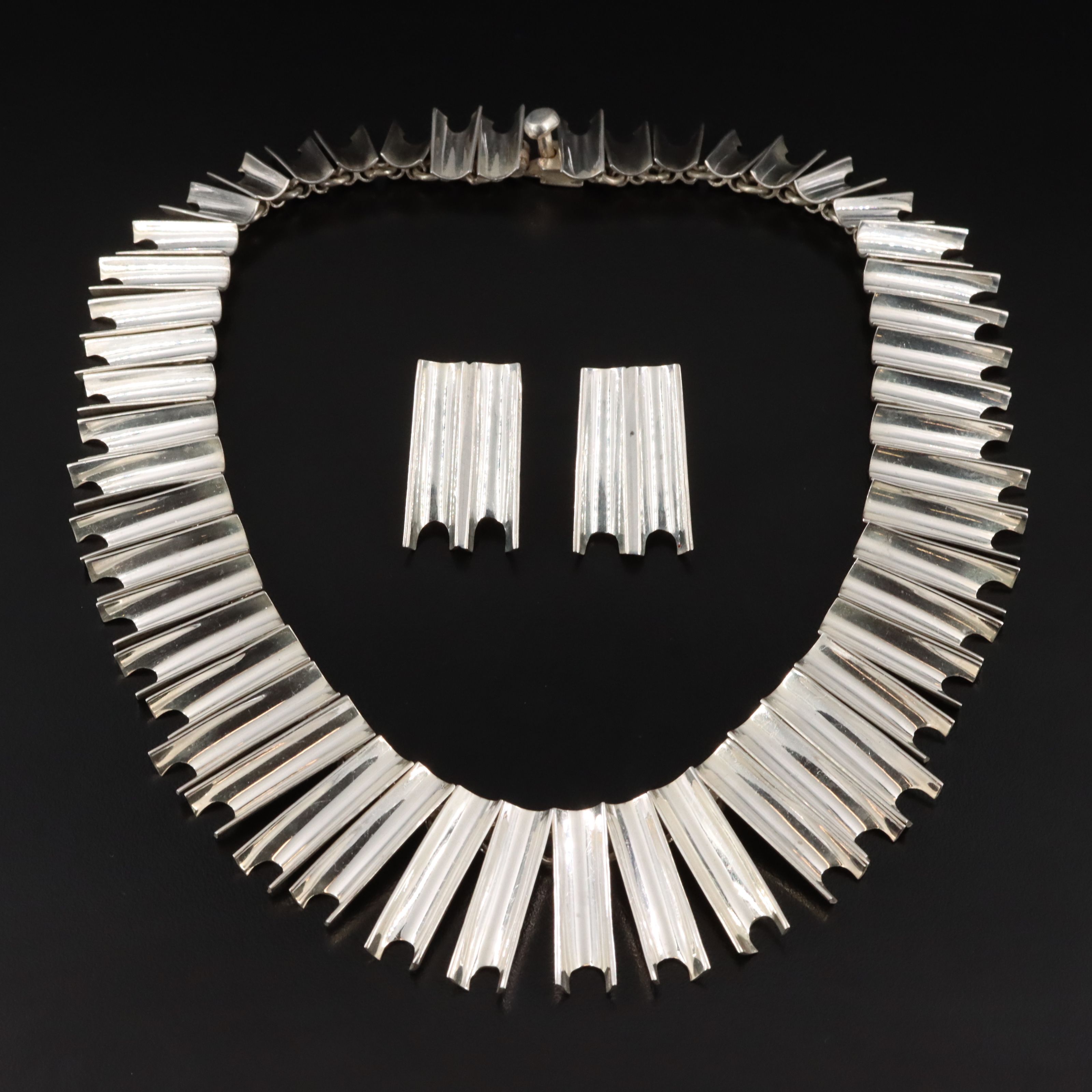 Mexican Modernist Style Sterling Necklace and Earrings Set