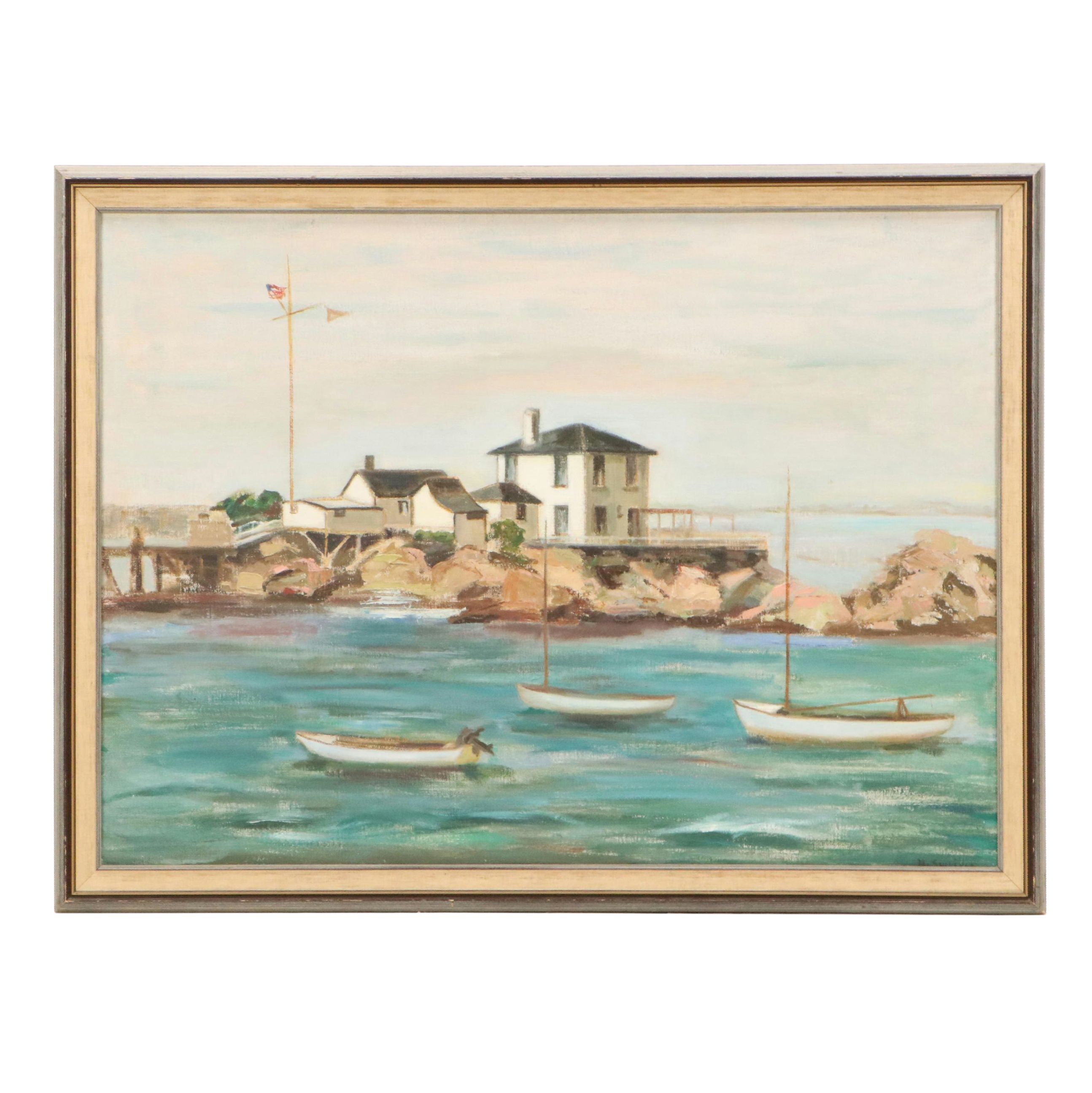 Mary C. Sullivan Oil Painting of Coastal House with Boats, Late 20th Century
