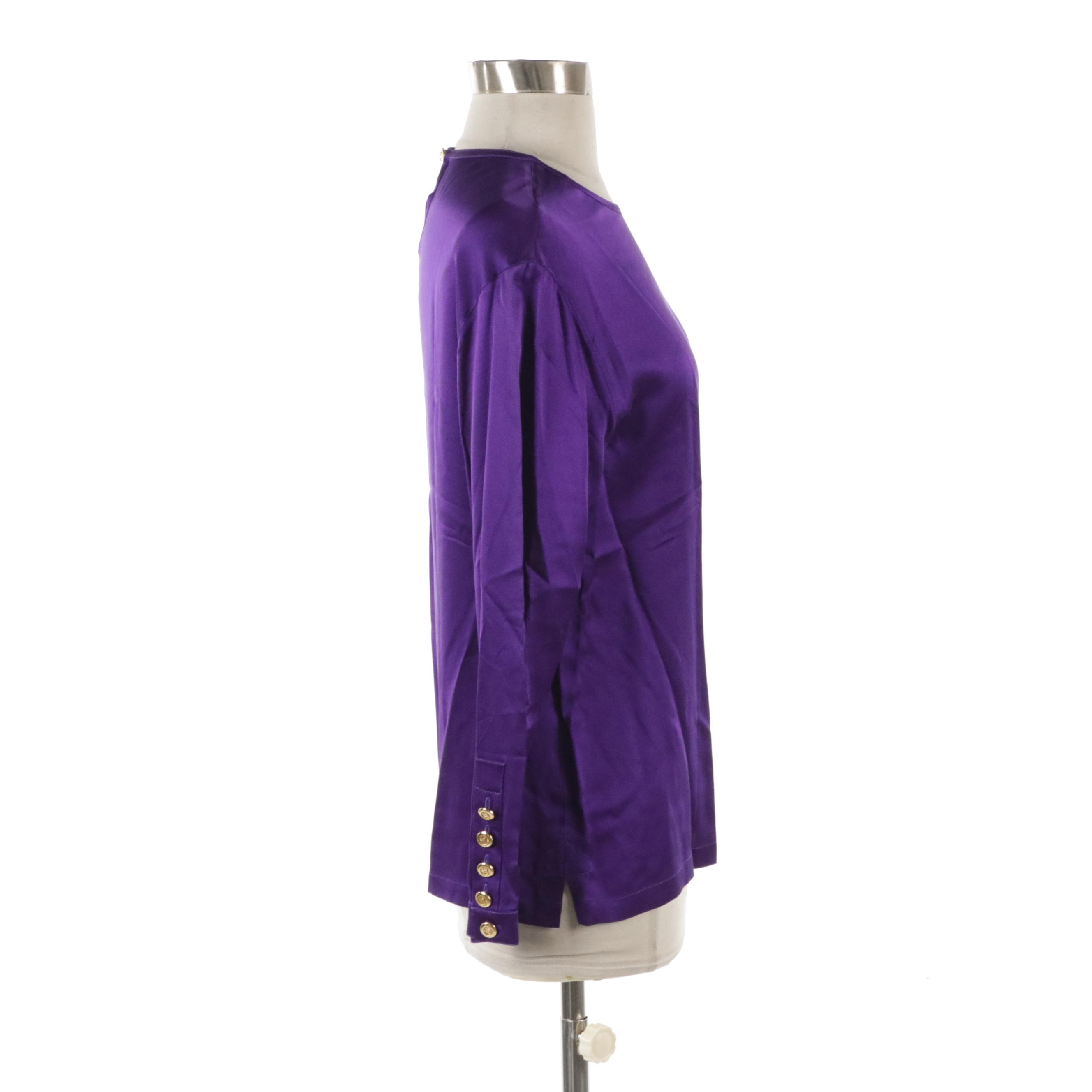 Chanel Boutique Purple Silk Long Sleeve Blouse