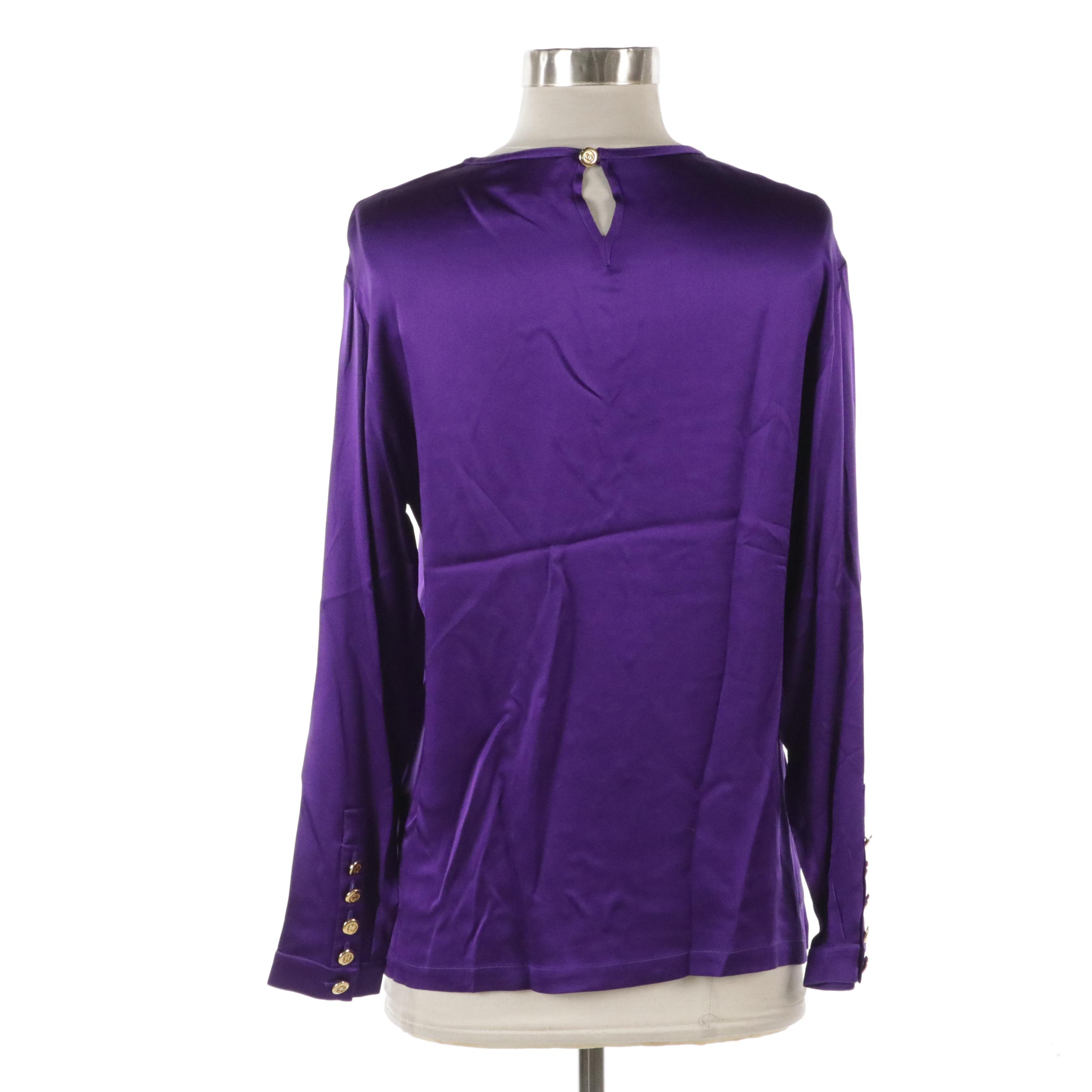 Chanel Boutique Purple Silk Long Sleeve Blouse