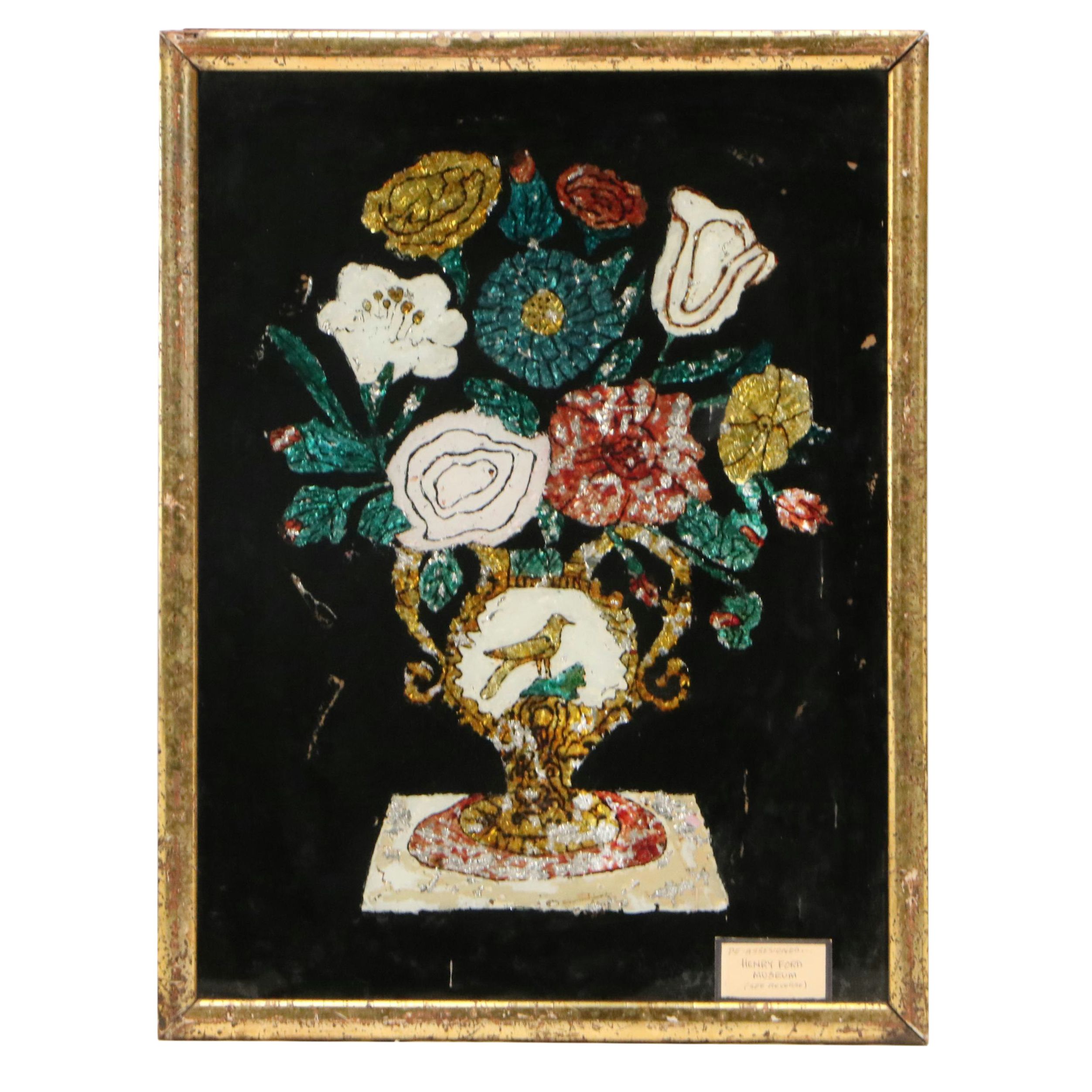 Reverse Glass and Floral Painting of Flowers in Vase, Late 19th Century