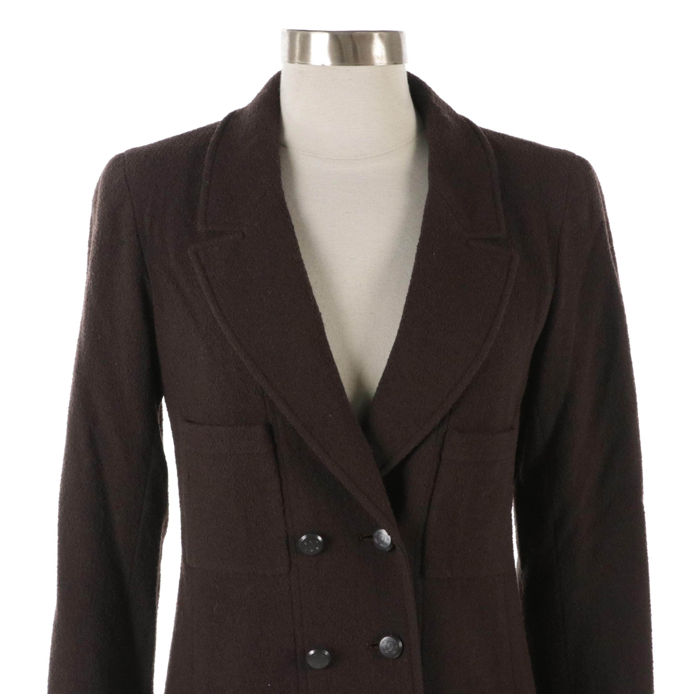 Chanel Chocolate Brown Wool Blend Double Breasted Blazer with Patch Pockets
