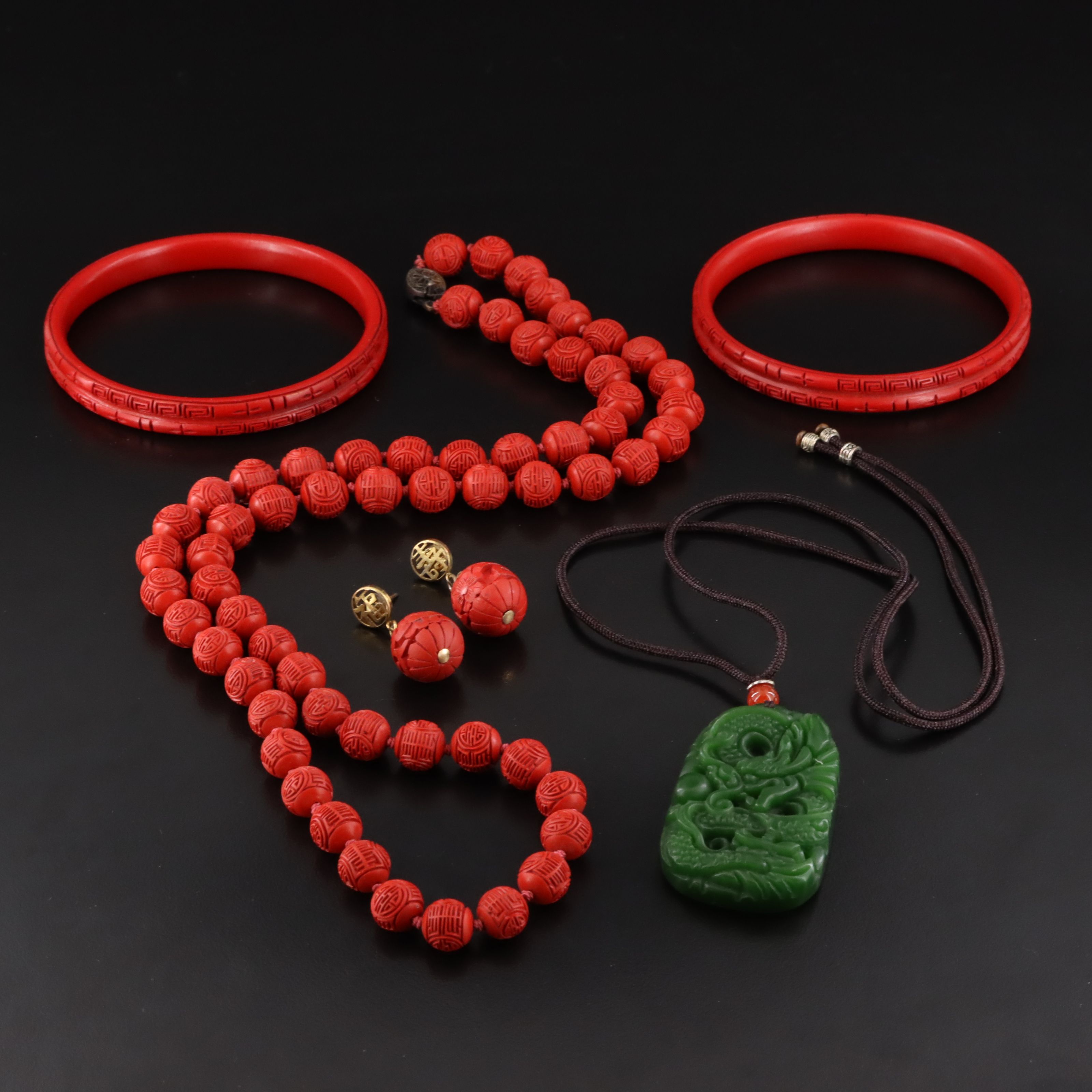 Cinnabar Style Jewelry with Agate and Glass Dragon Necklace