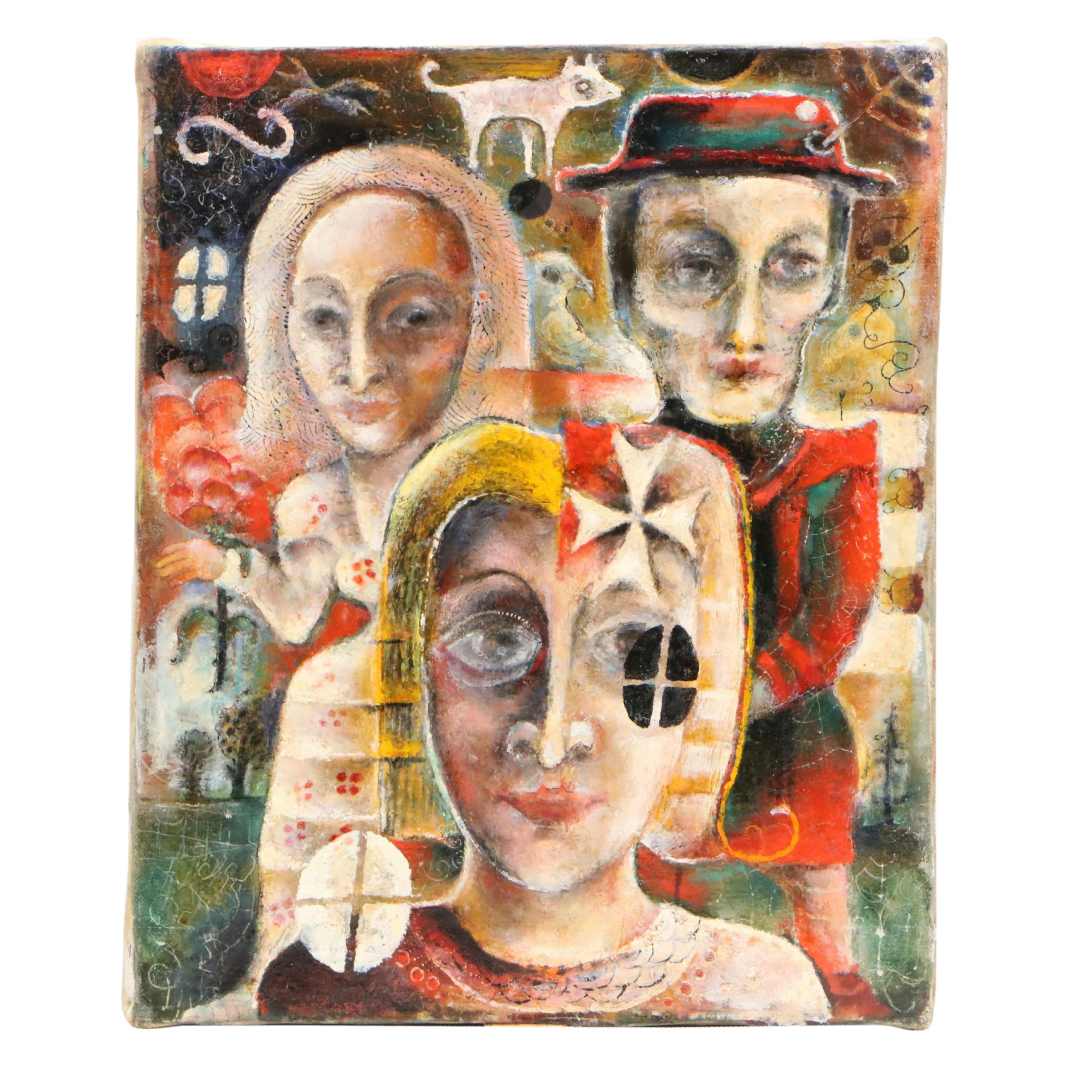 Nikolay Manuylov "Kuk" Surrealist Oil Painting of Figures, Mid to Late 20th C.