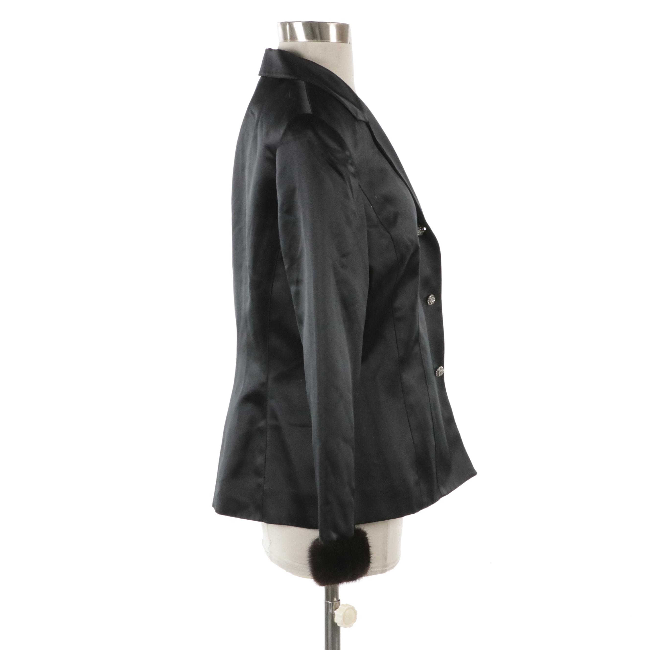 Novello-Bloom Shiny Polyester Jacket with Rhinestone Buttons and Mink Fur Cuffs