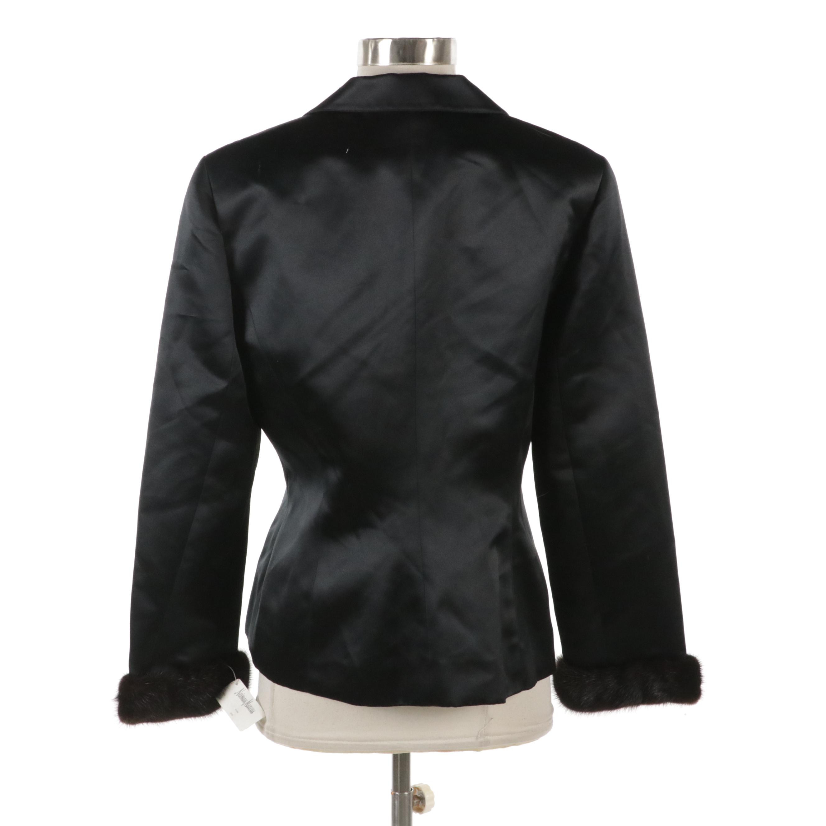 Novello-Bloom Shiny Polyester Jacket with Rhinestone Buttons and Mink Fur Cuffs