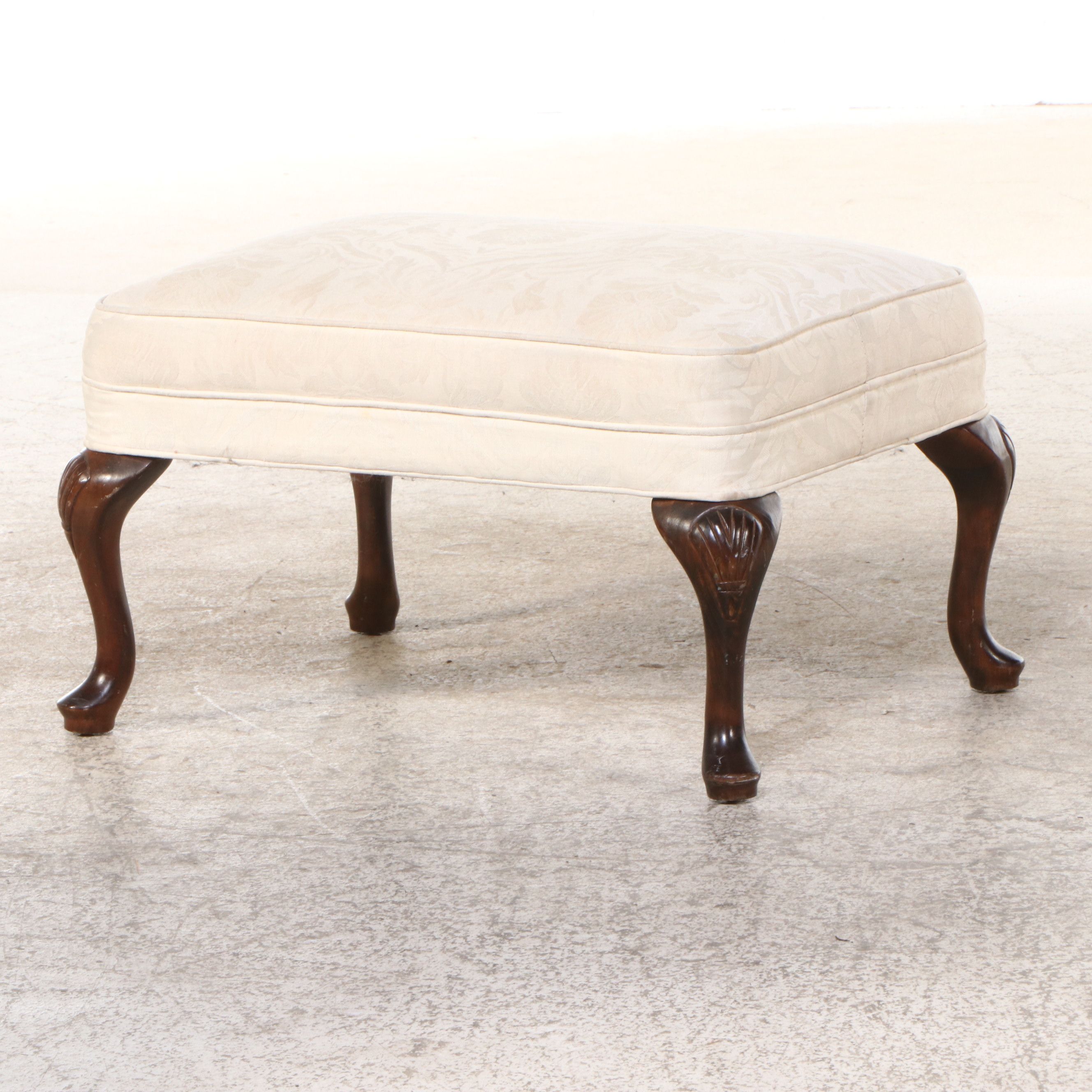 Queen Anne Style Damask Upholstered Wingback Armchair and Ottoman