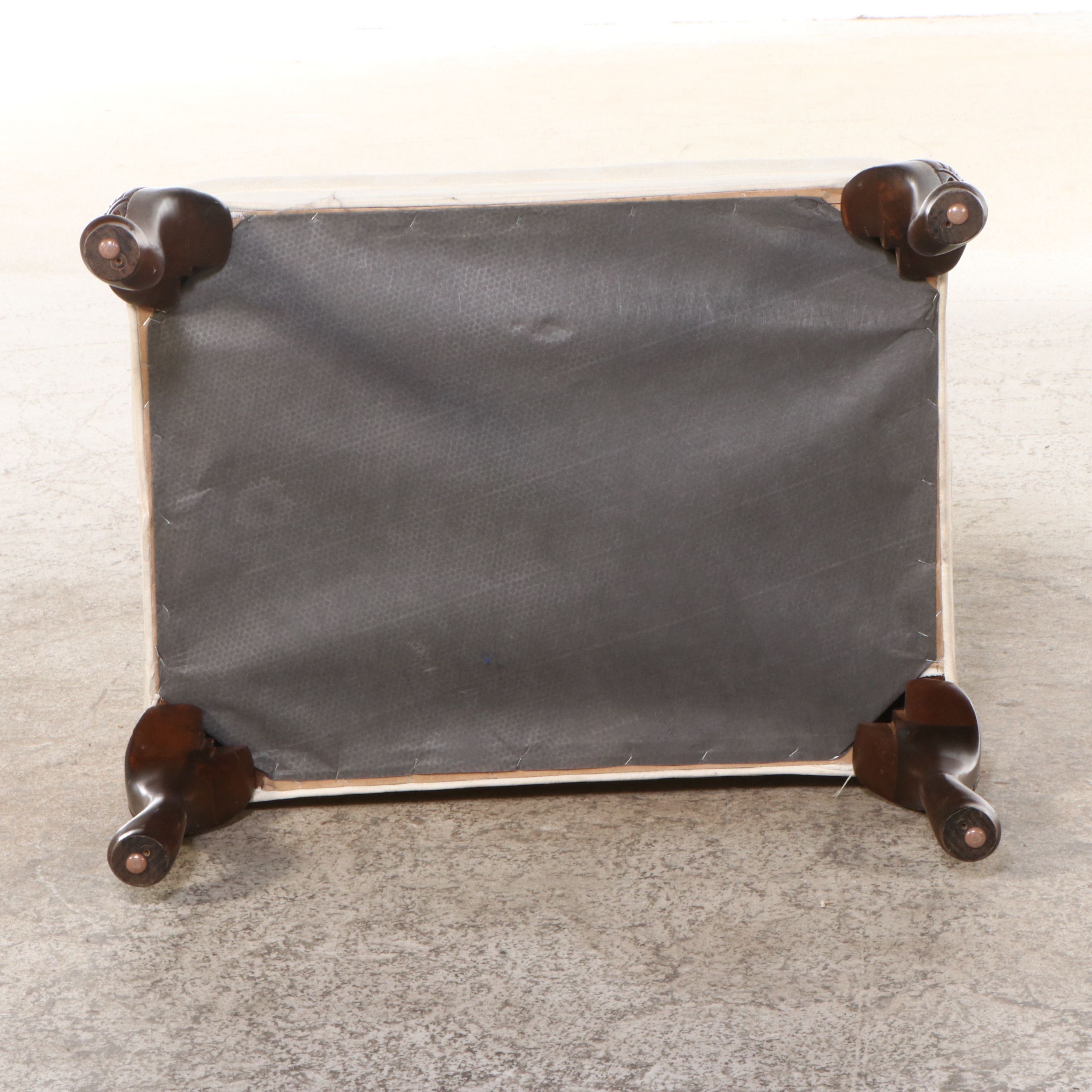 Queen Anne Style Damask Upholstered Wingback Armchair and Ottoman