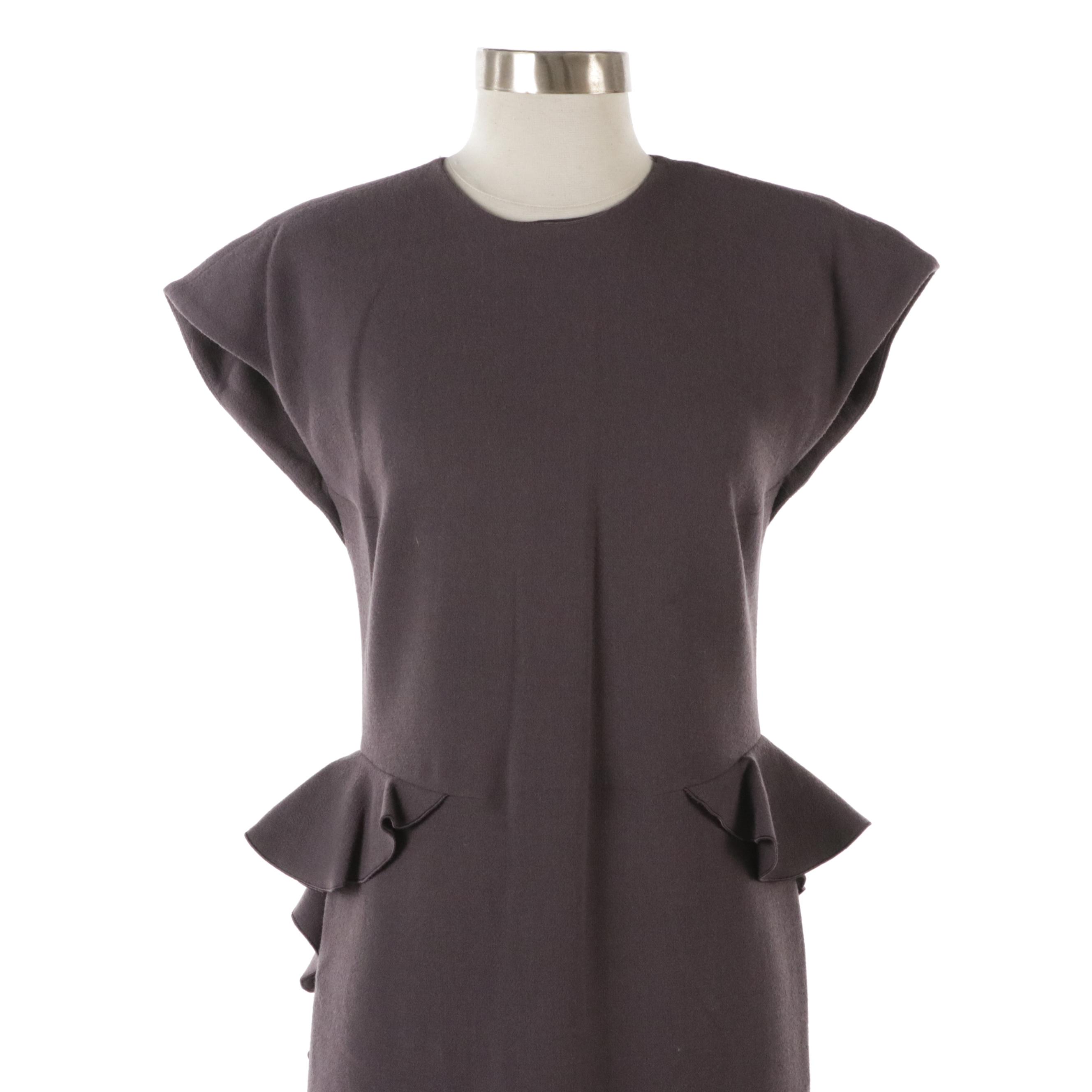 Bottega Veneta Dusty Purple Mauve Wool Midi Dress with Ruffle Details