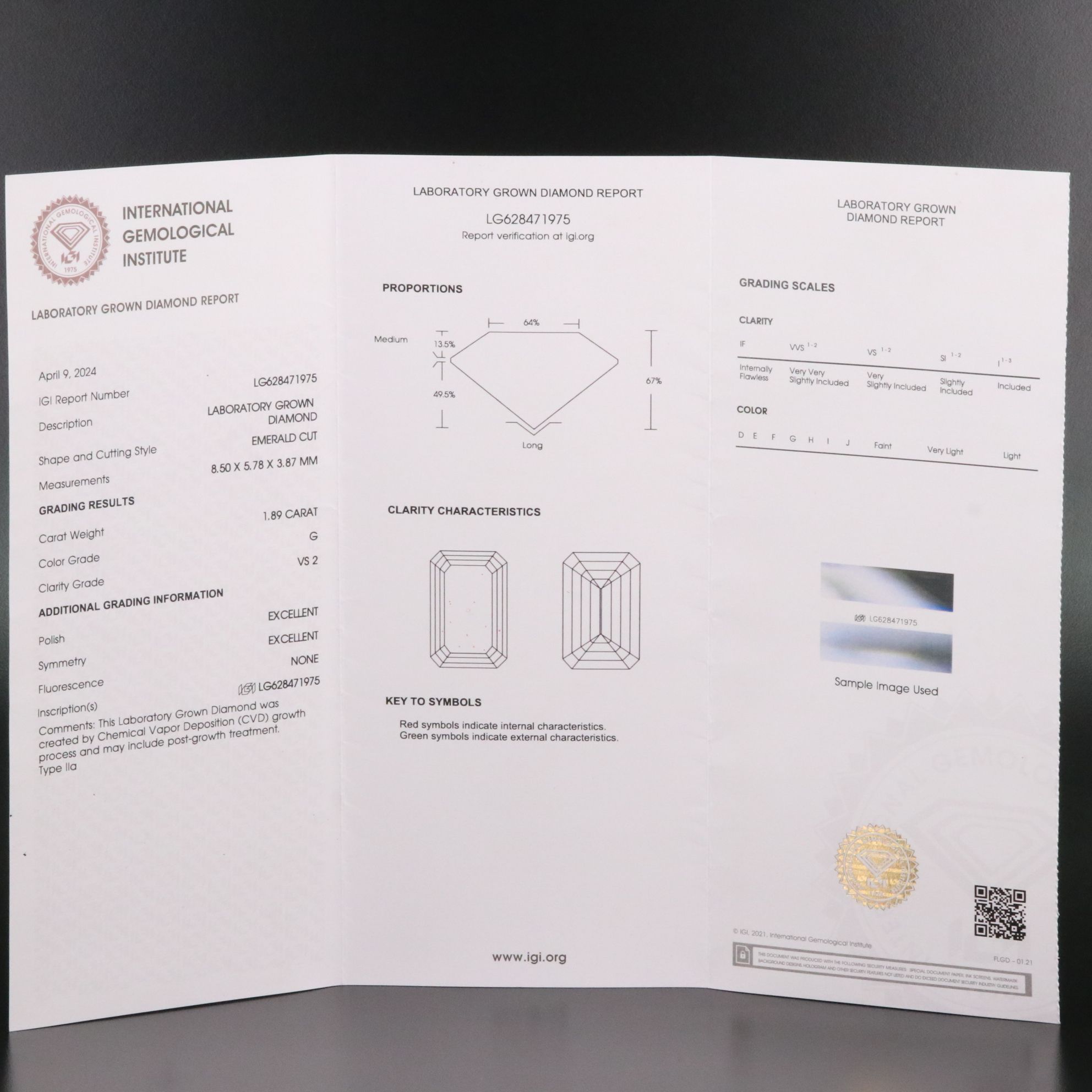 Loose 1.89 CT Lab Grown Diamond with IGI Report