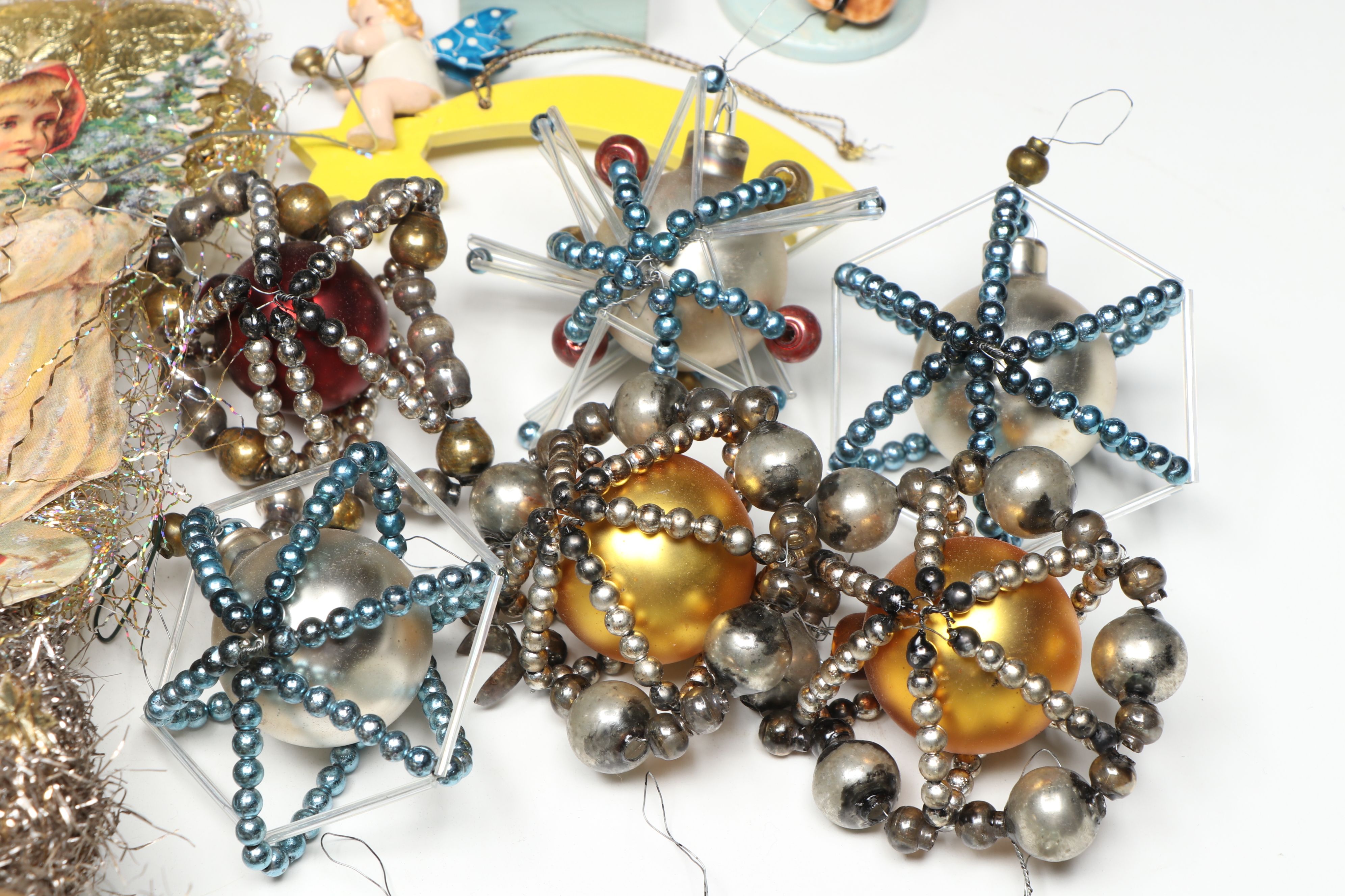 Czechoslovakian Wooden Figurines with Victorian Style Ornaments and Tree Toppers