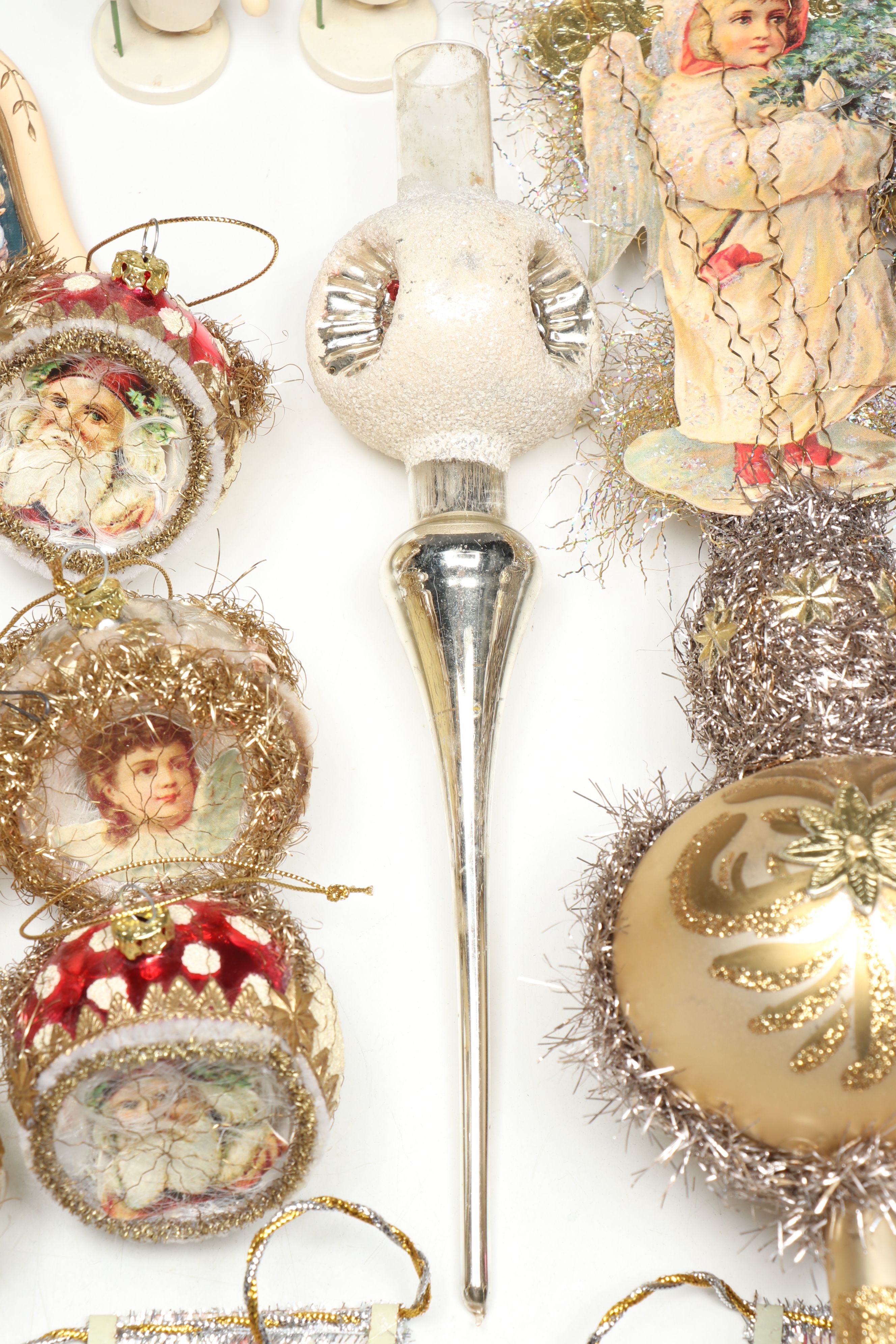 Czechoslovakian Wooden Figurines with Victorian Style Ornaments and Tree Toppers