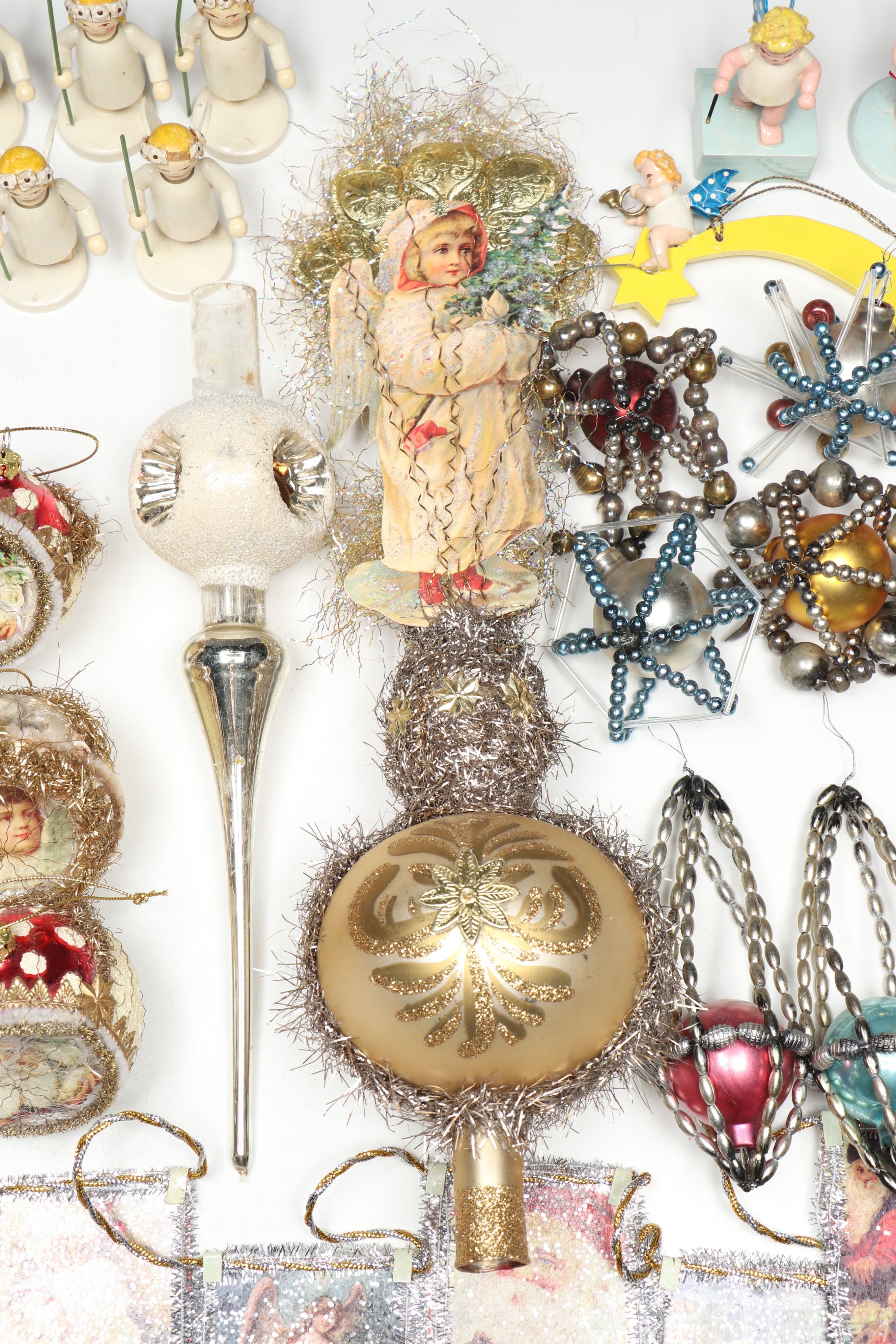 Czechoslovakian Wooden Figurines with Victorian Style Ornaments and Tree Toppers