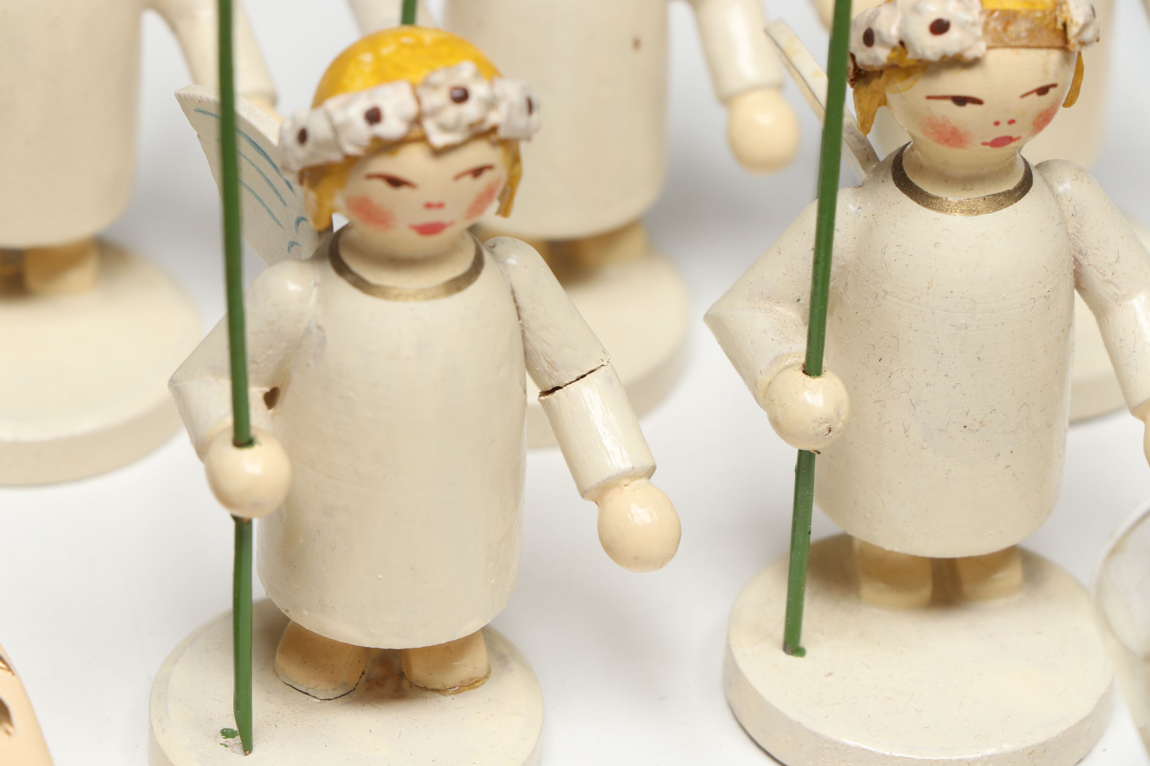 Czechoslovakian Wooden Figurines with Victorian Style Ornaments and Tree Toppers