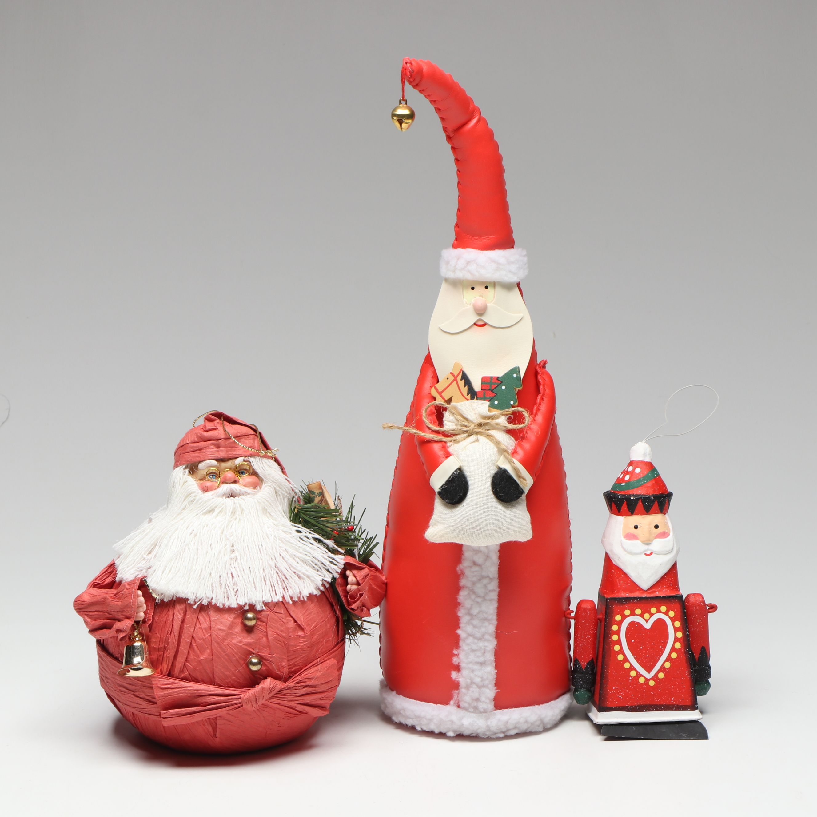 Faux Leather Stuffed Santa Figure with Santa Claus Ornaments