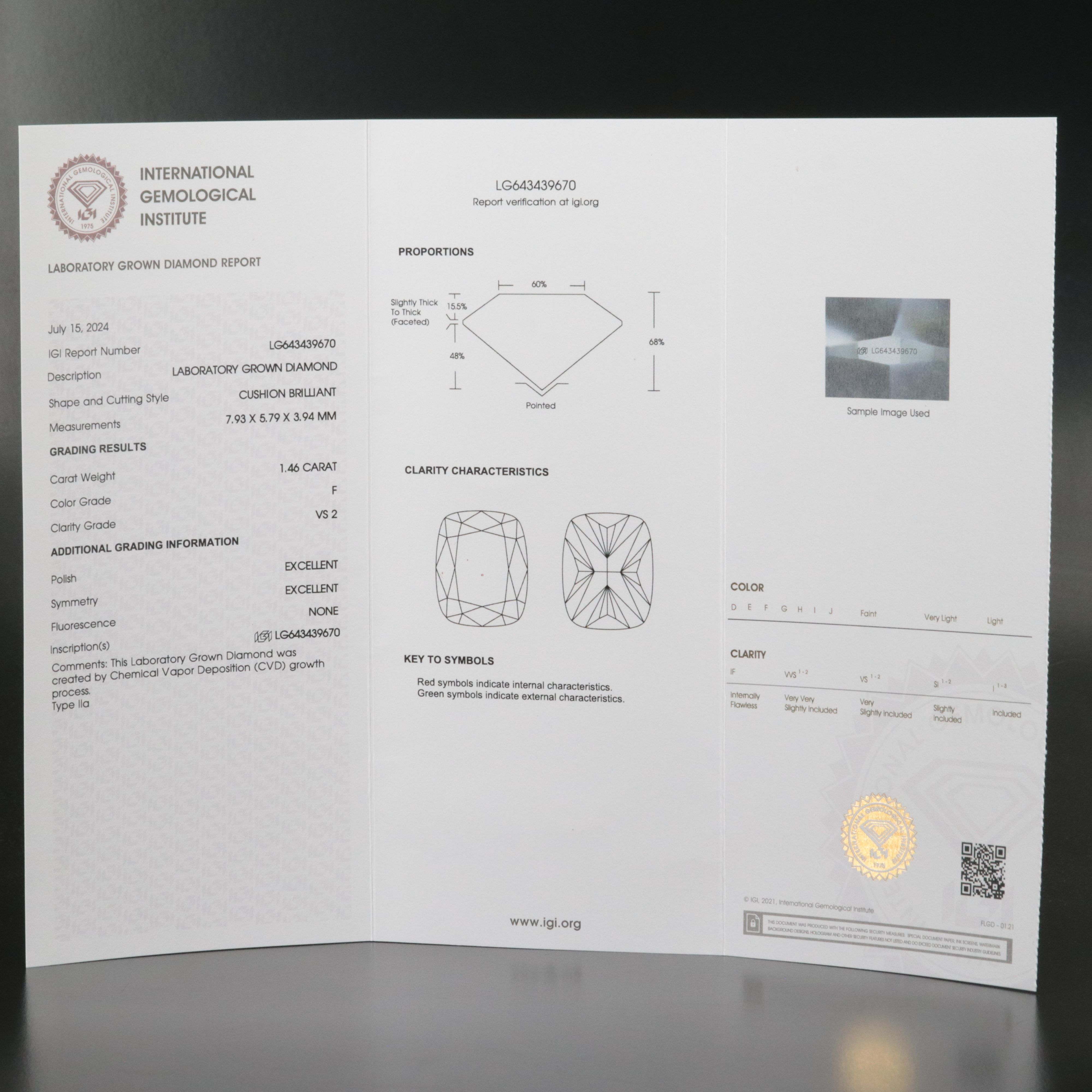Loose 1.46 CT Lab Grown Diamond with IGI Report