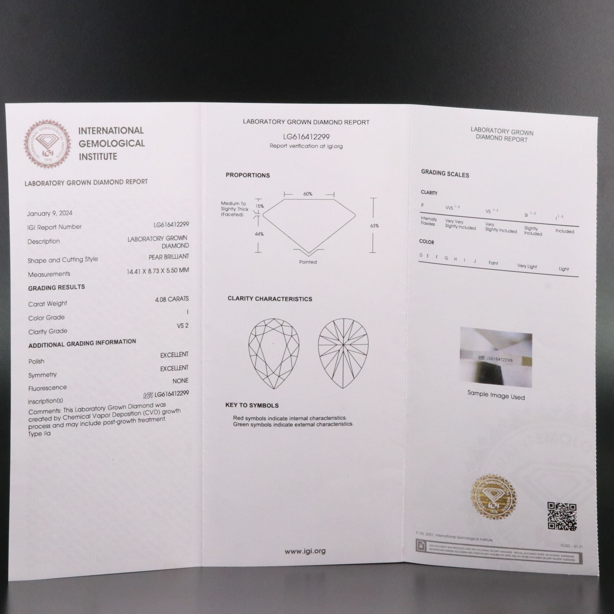 Loose 4.08 CT Lab Grown Diamond with IGI Report