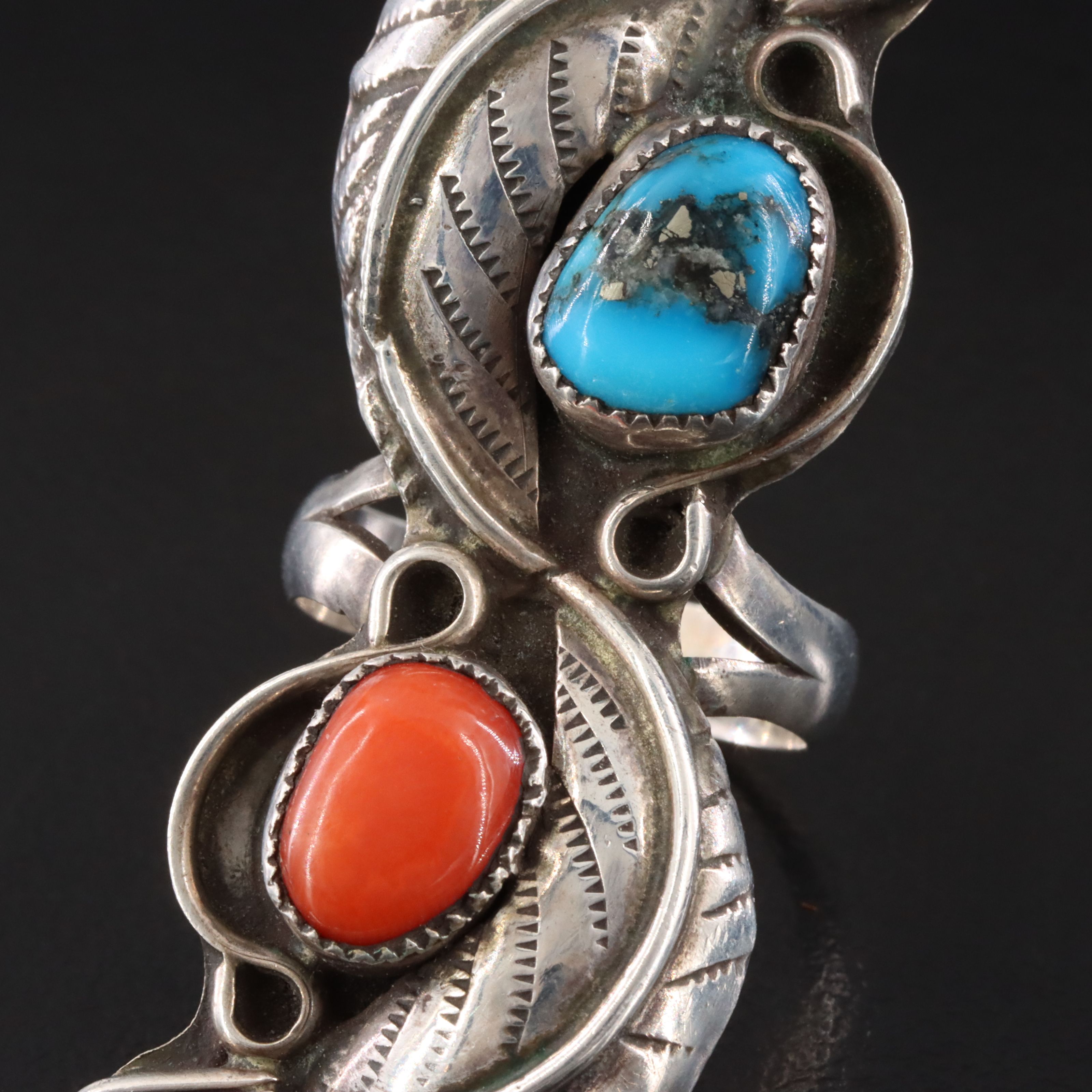 Southwestern Sterling Turquoise and Coral Pointer Ring