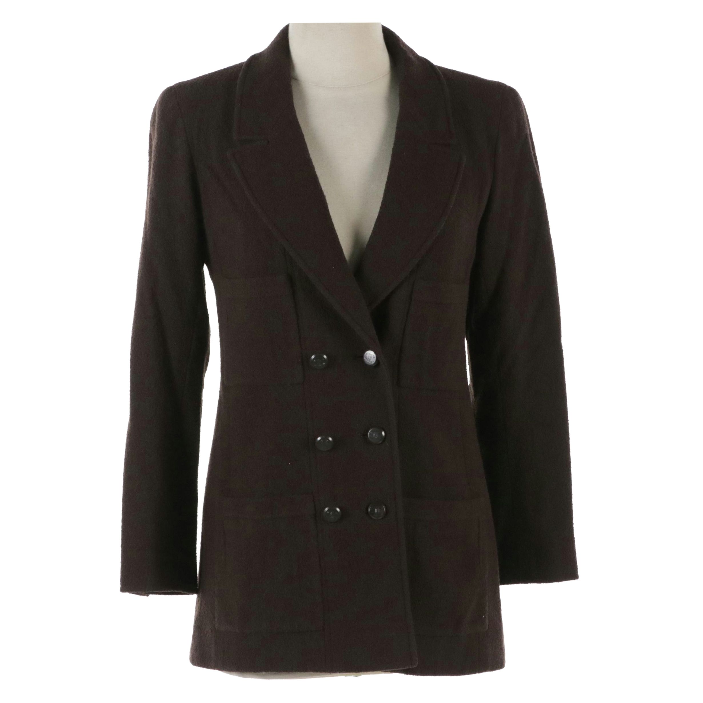 Chanel Chocolate Brown Wool Blend Double Breasted Blazer with Patch Pockets
