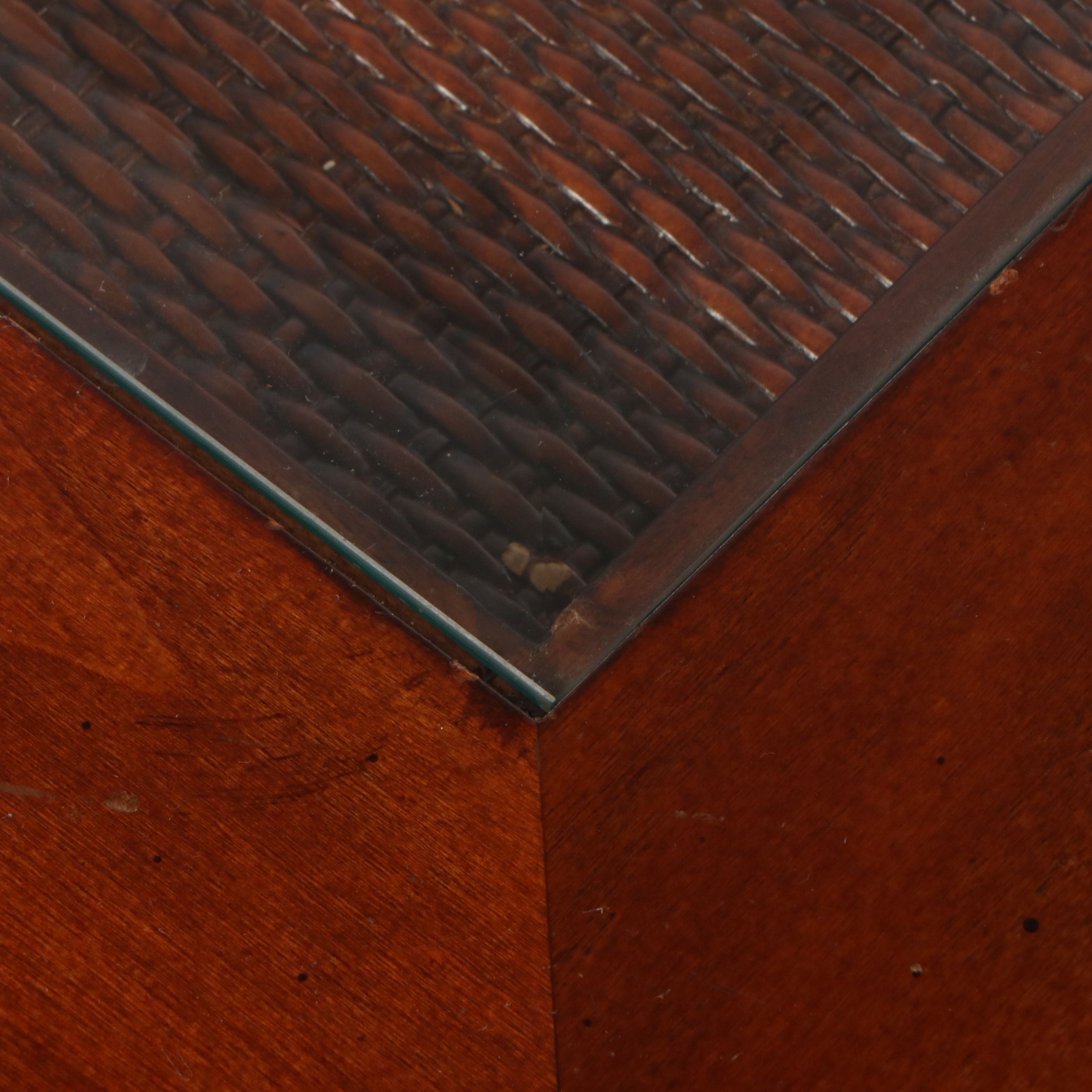 Anglo-Indian Style Wood and Rattan Coffee Table with Inset Glass Top