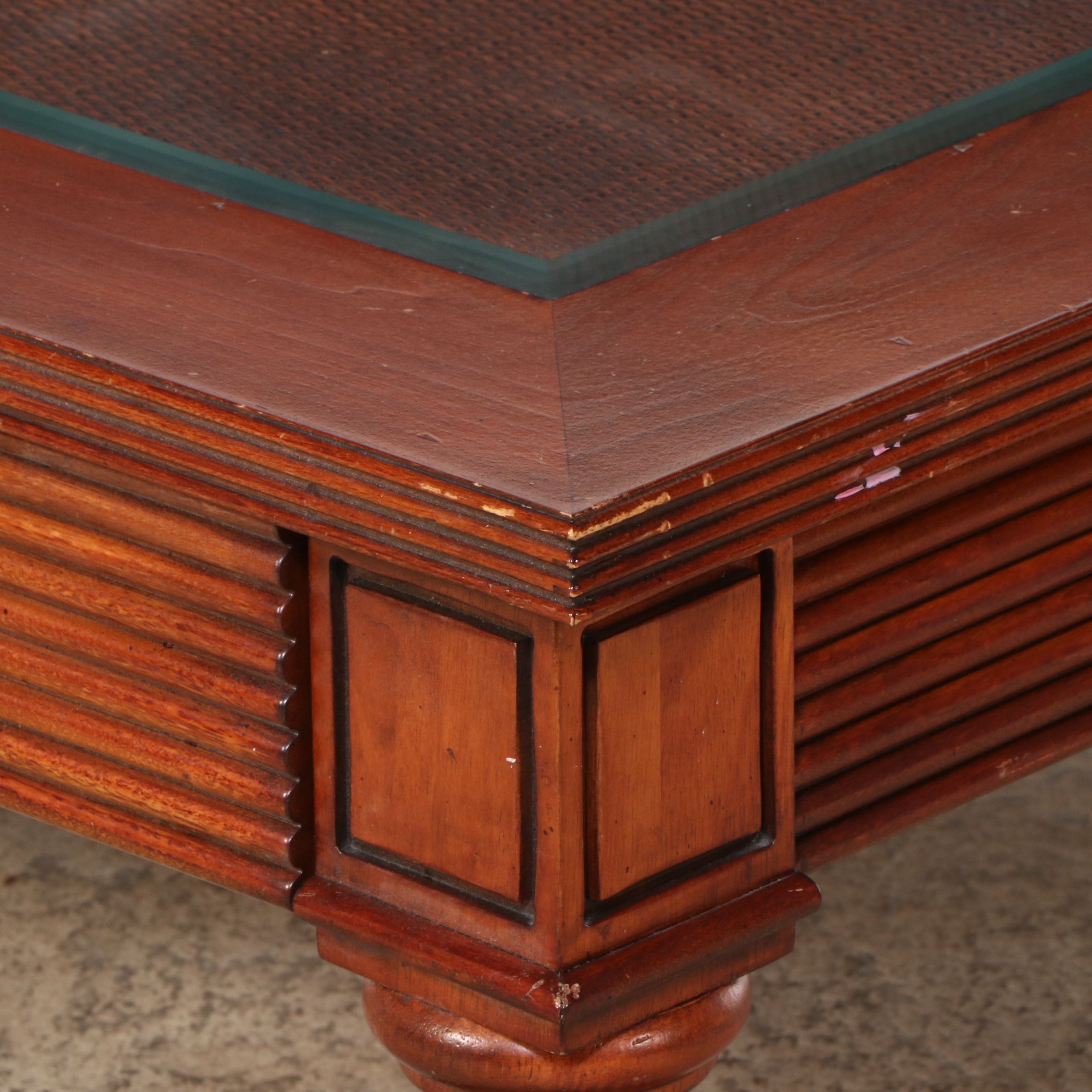 Anglo-Indian Style Wood and Rattan Coffee Table with Inset Glass Top
