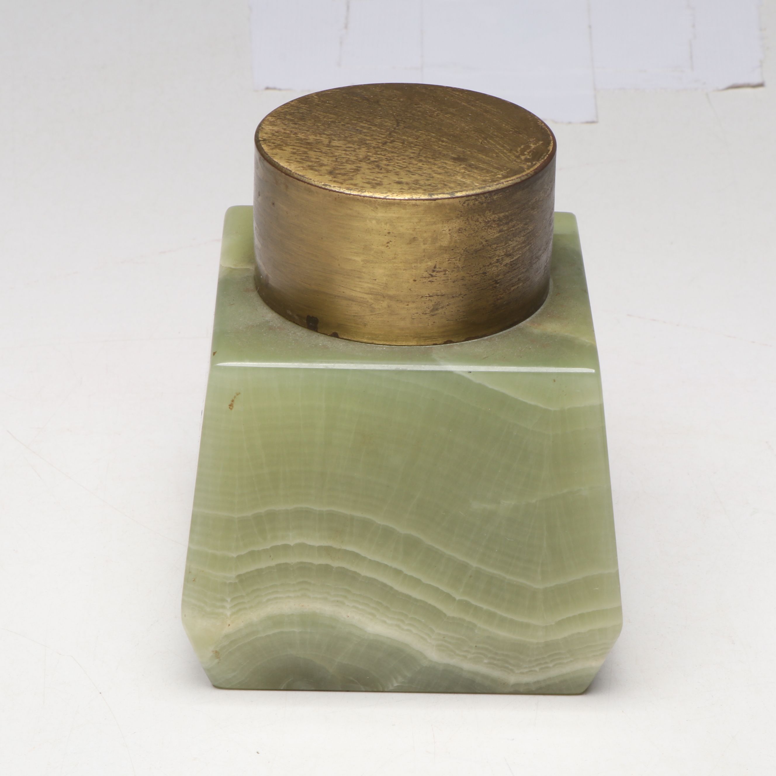 Book Form Polished Serpentine Box with Art Deco Calcite Marble and Brass Jar