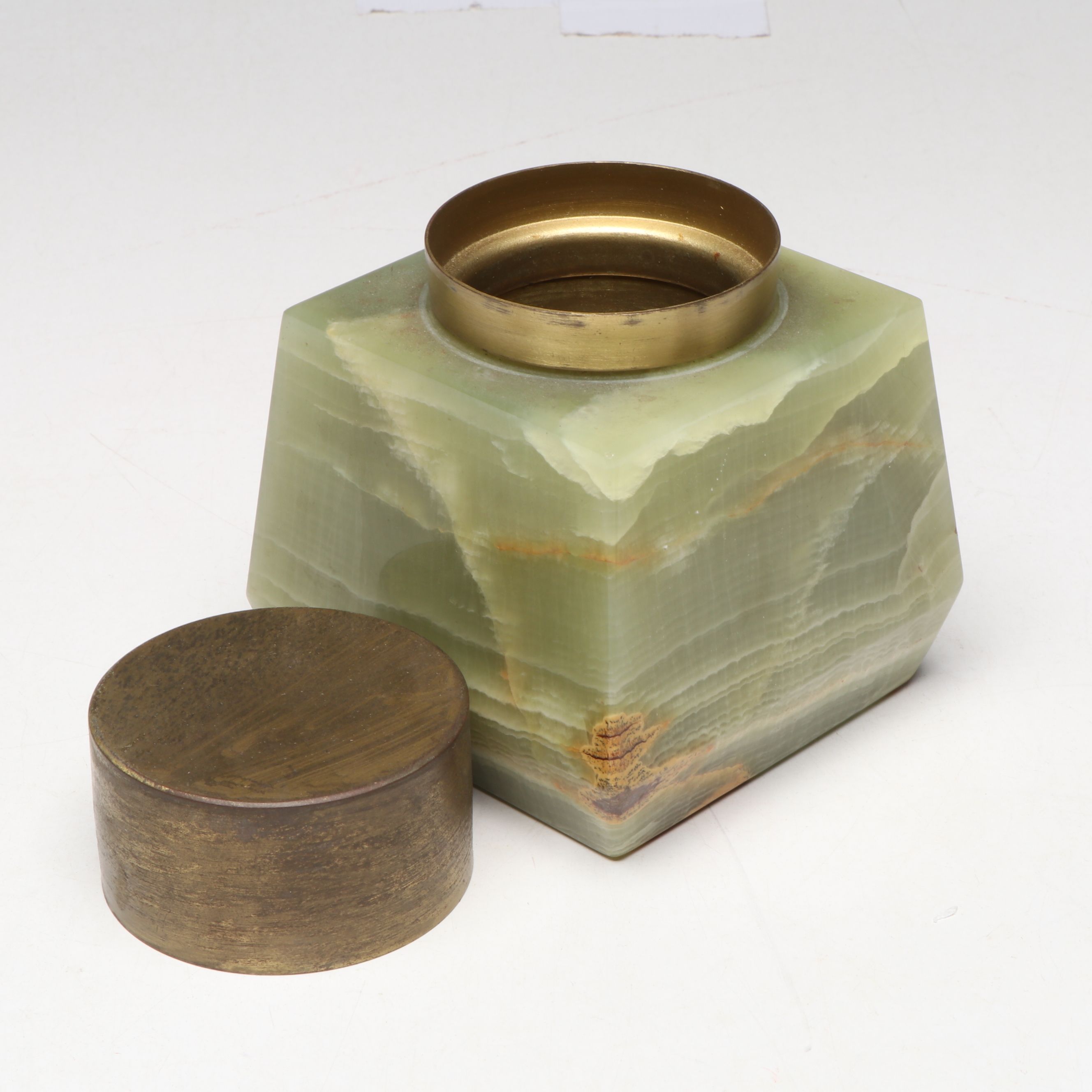 Book Form Polished Serpentine Box with Art Deco Calcite Marble and Brass Jar