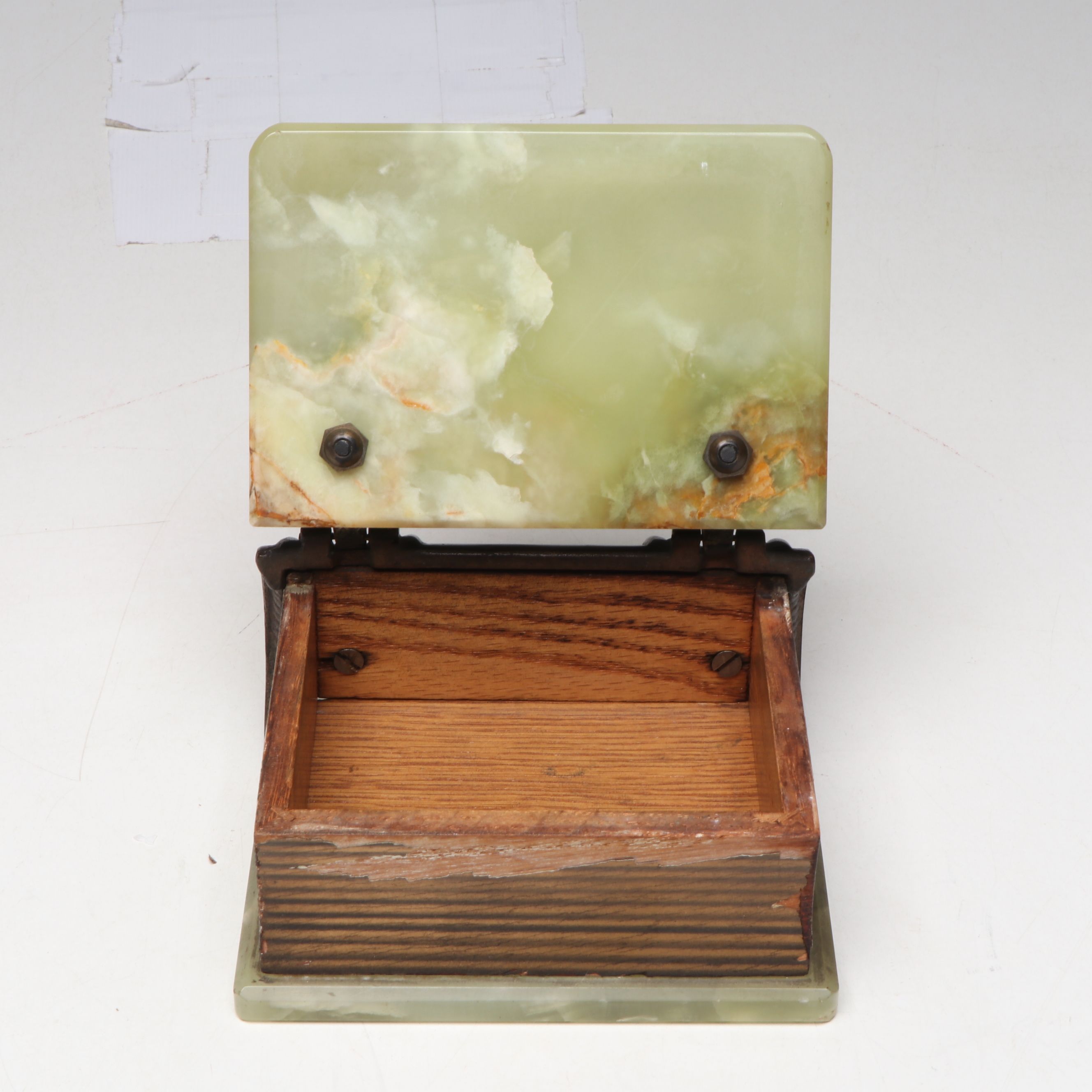 Book Form Polished Serpentine Box with Art Deco Calcite Marble and Brass Jar