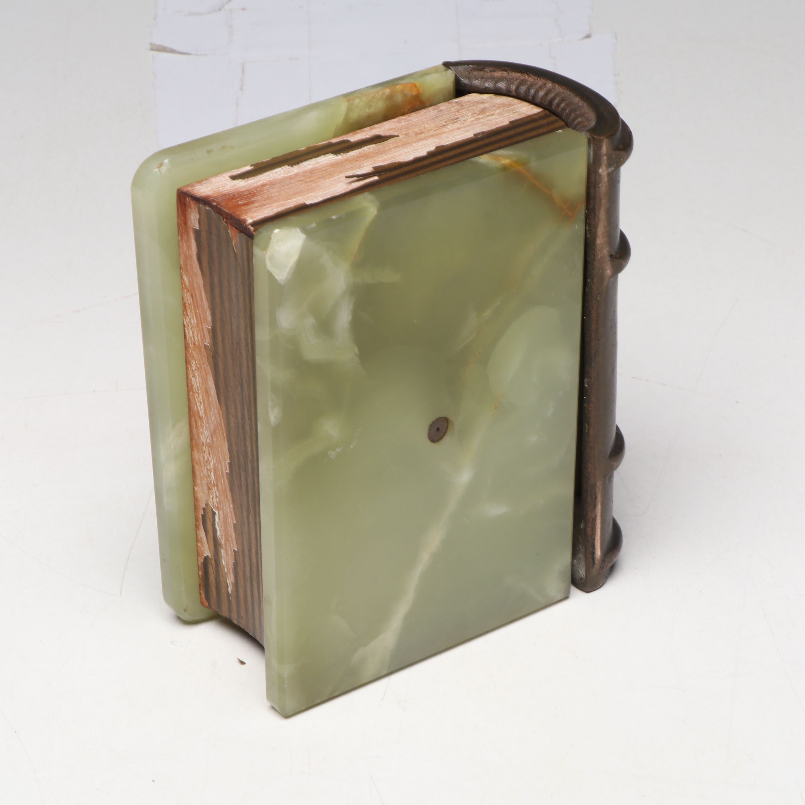 Book Form Polished Serpentine Box with Art Deco Calcite Marble and Brass Jar