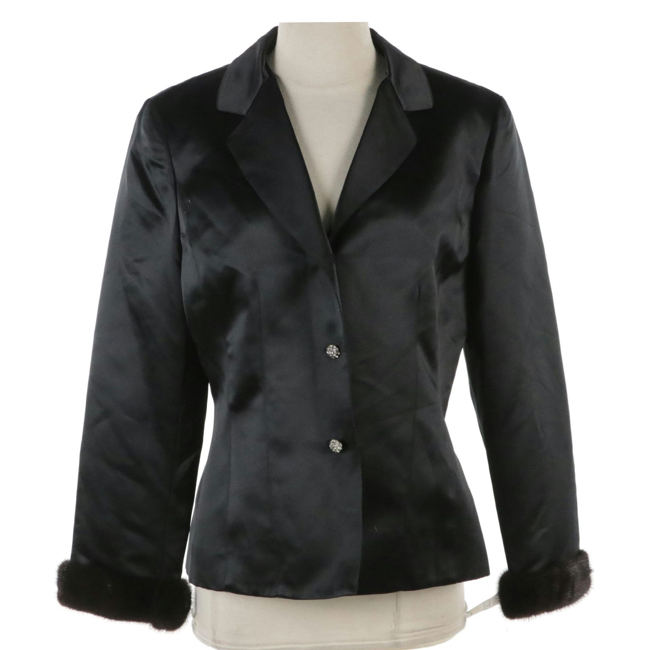 Novello-Bloom Shiny Polyester Jacket with Rhinestone Buttons and Mink Fur Cuffs