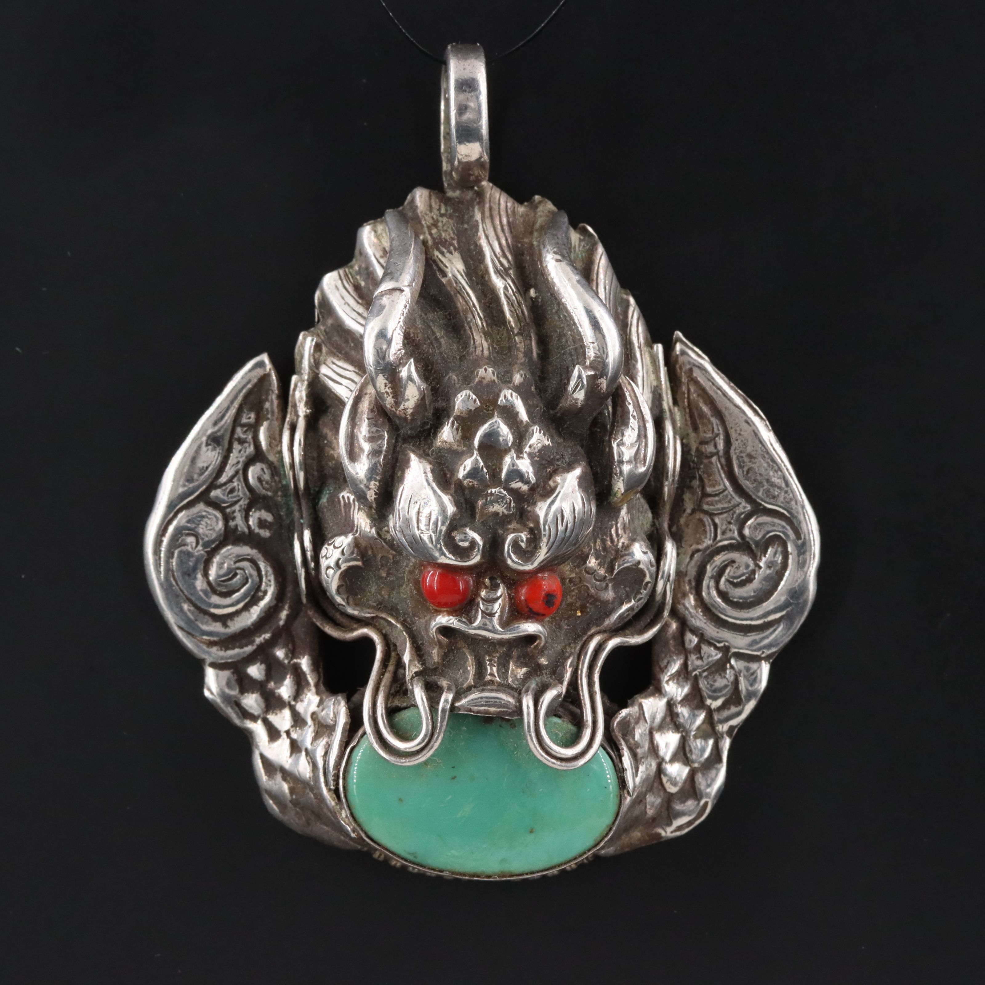 Chinese Sterling Turquoise and Glass Eyed Dragon Pendant