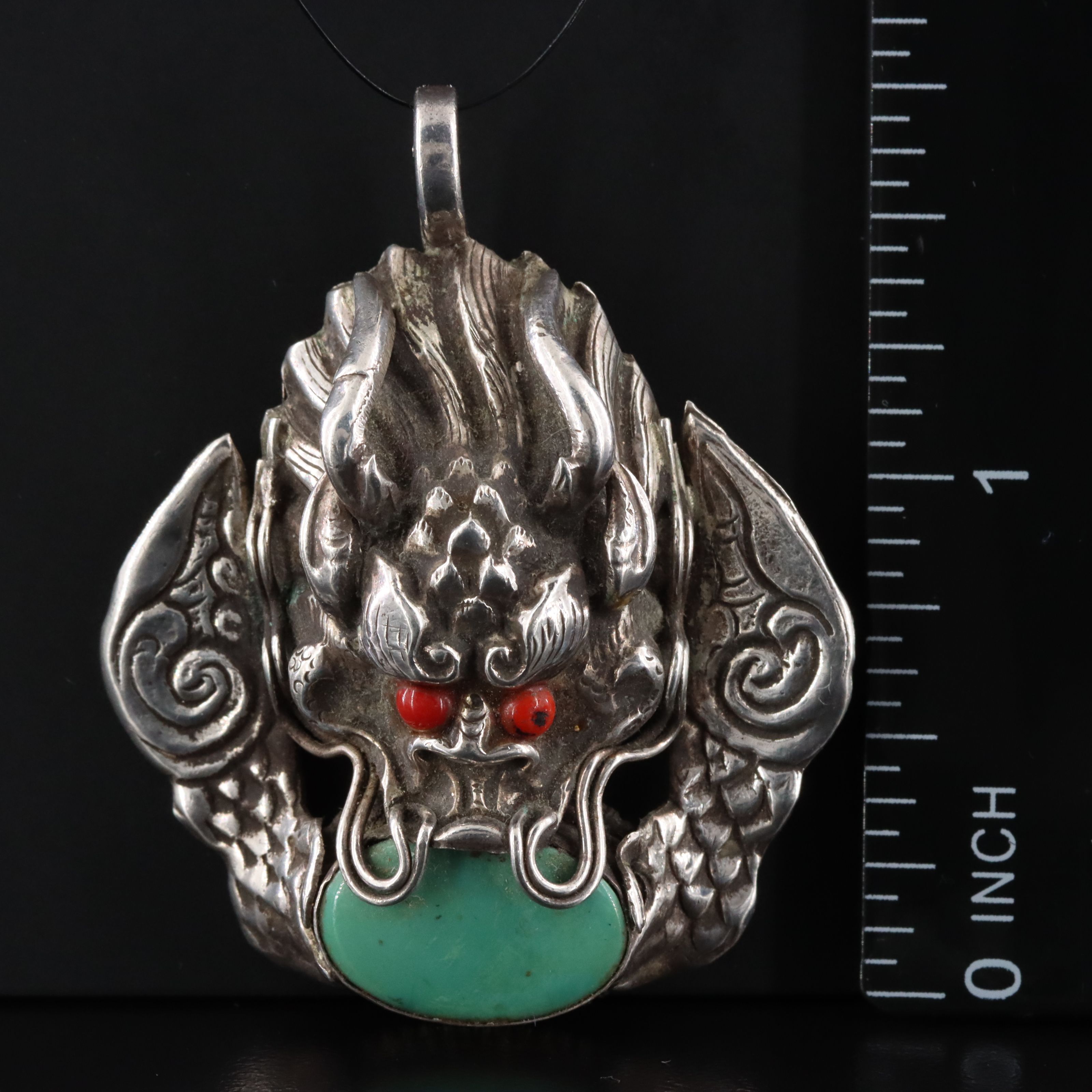 Chinese Sterling Turquoise and Glass Eyed Dragon Pendant