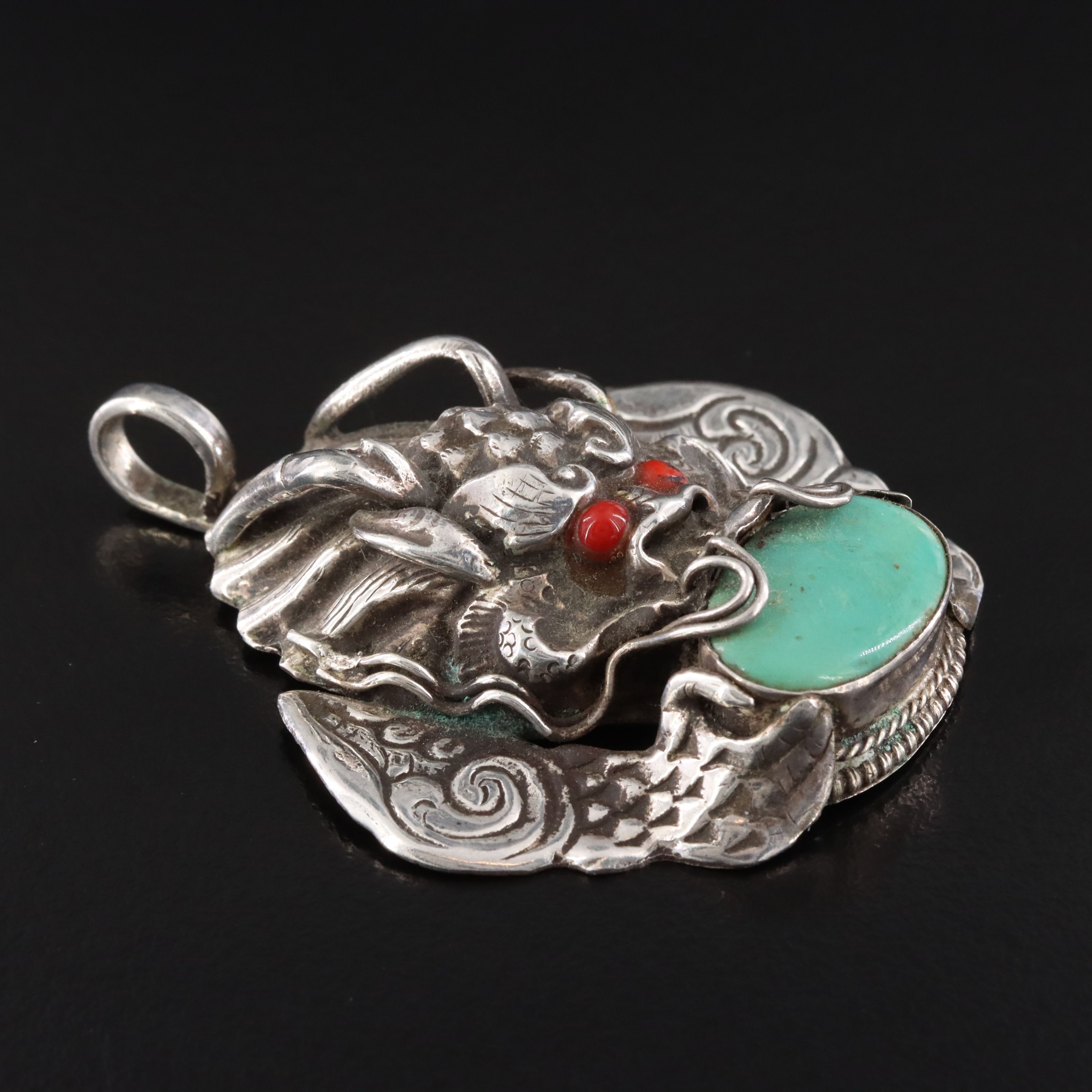Chinese Sterling Turquoise and Glass Eyed Dragon Pendant