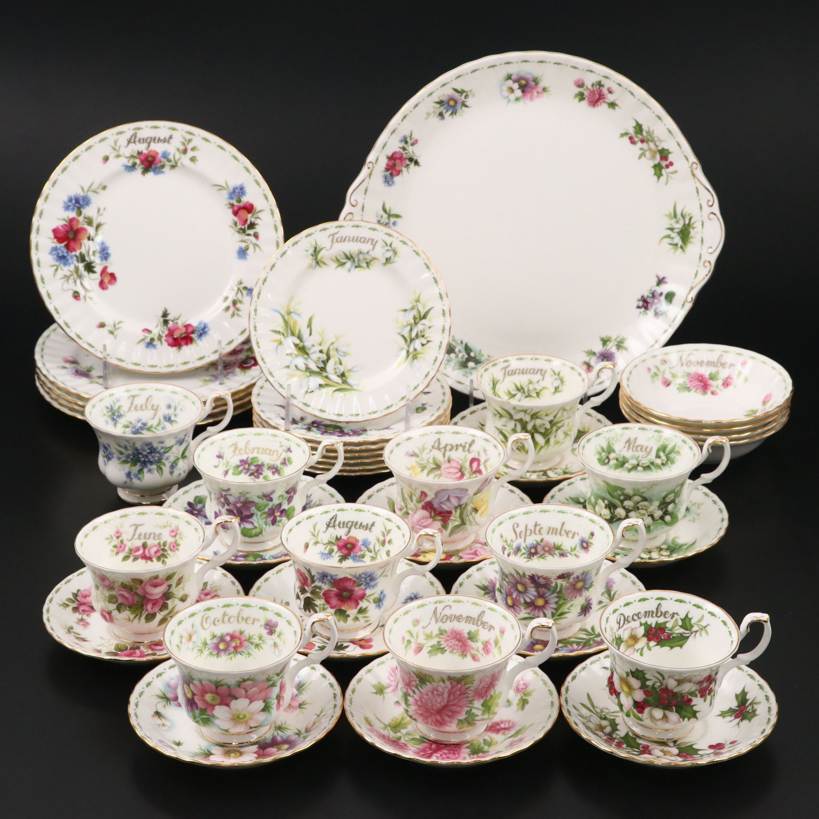Royal Albert "Flower of the Month" Ceramic Teacups, Saucers with Other Serveware