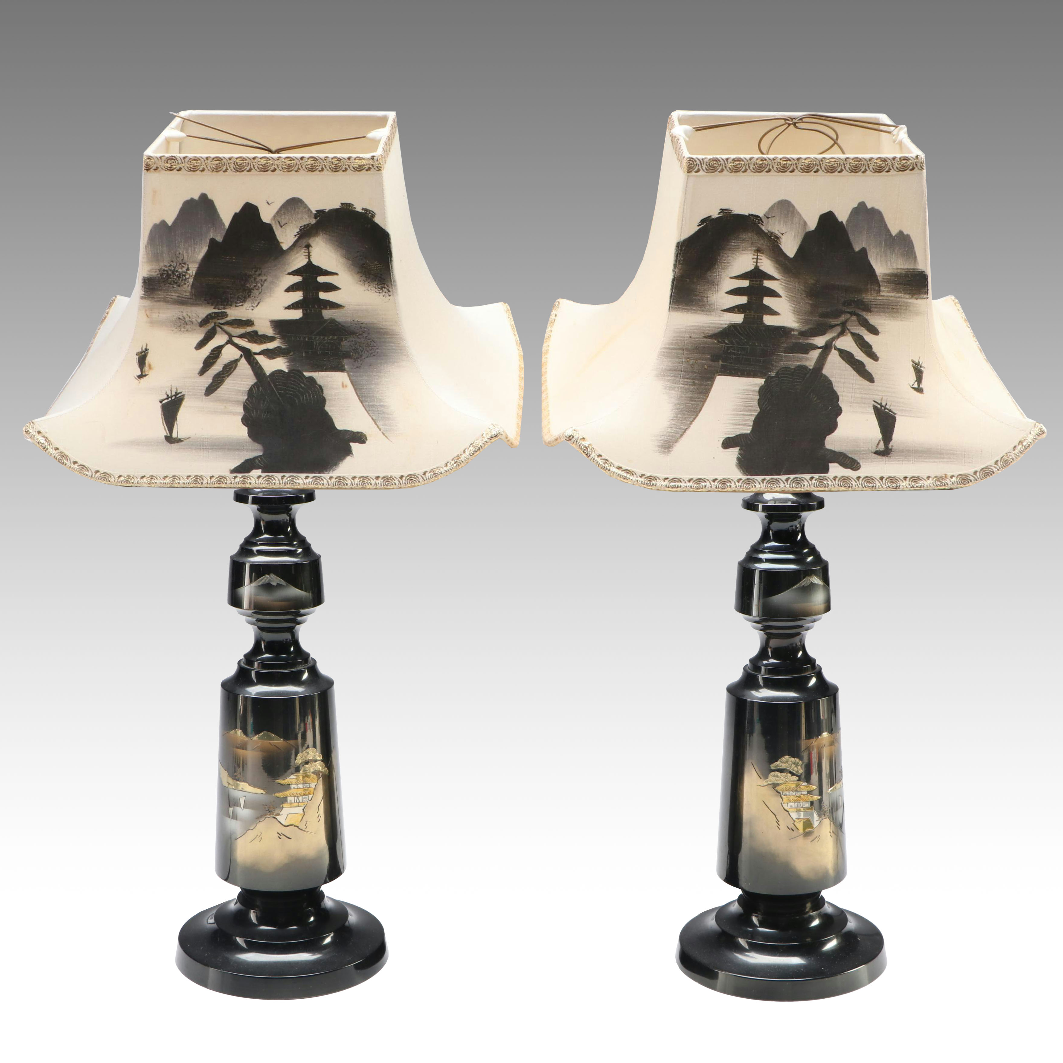 Japanese Damascene Style Table Lamps with Painted Pagoda Landscape Shades