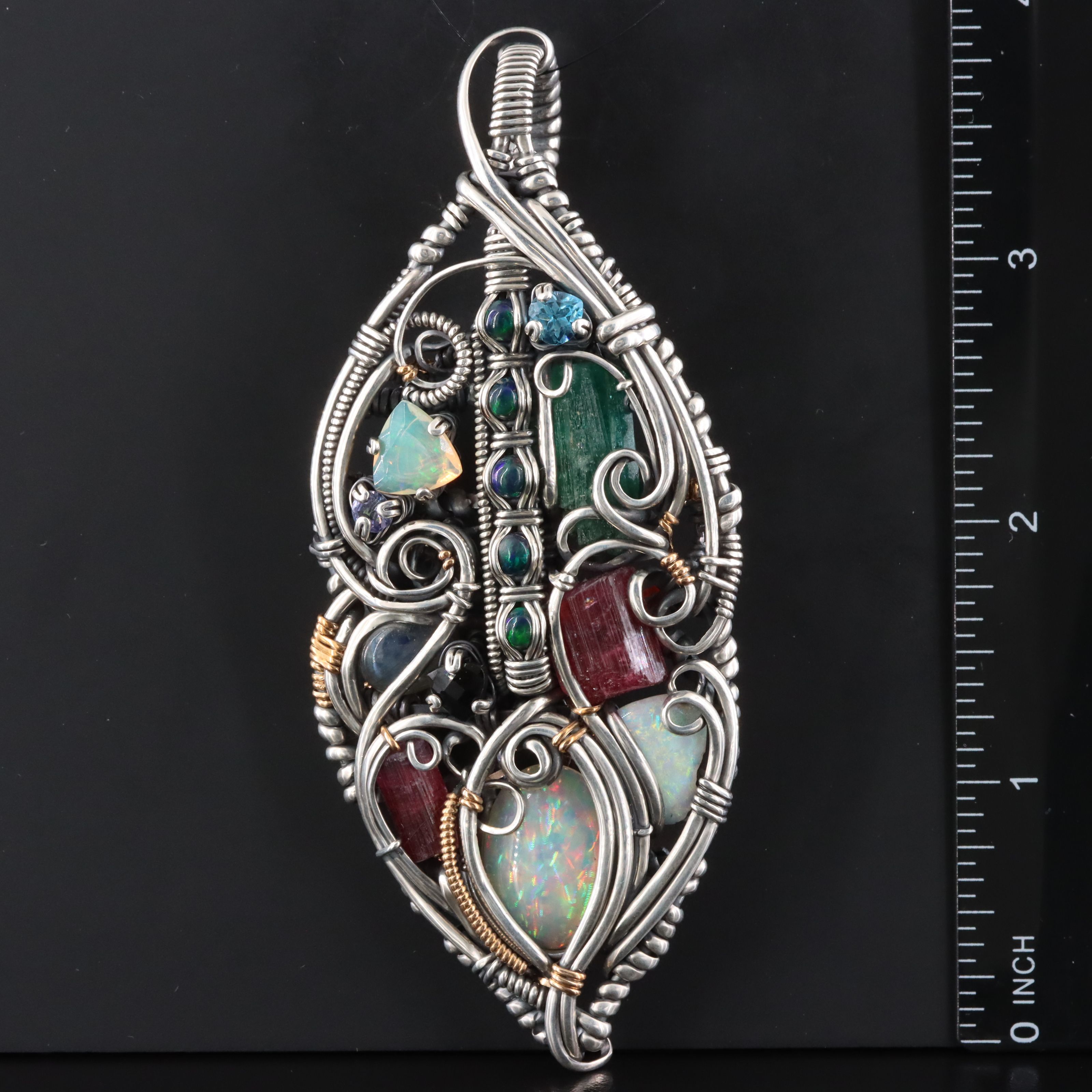 Sterling Wire Wrapped Gemstone Leaf Pendant Including Opal and Labradorite