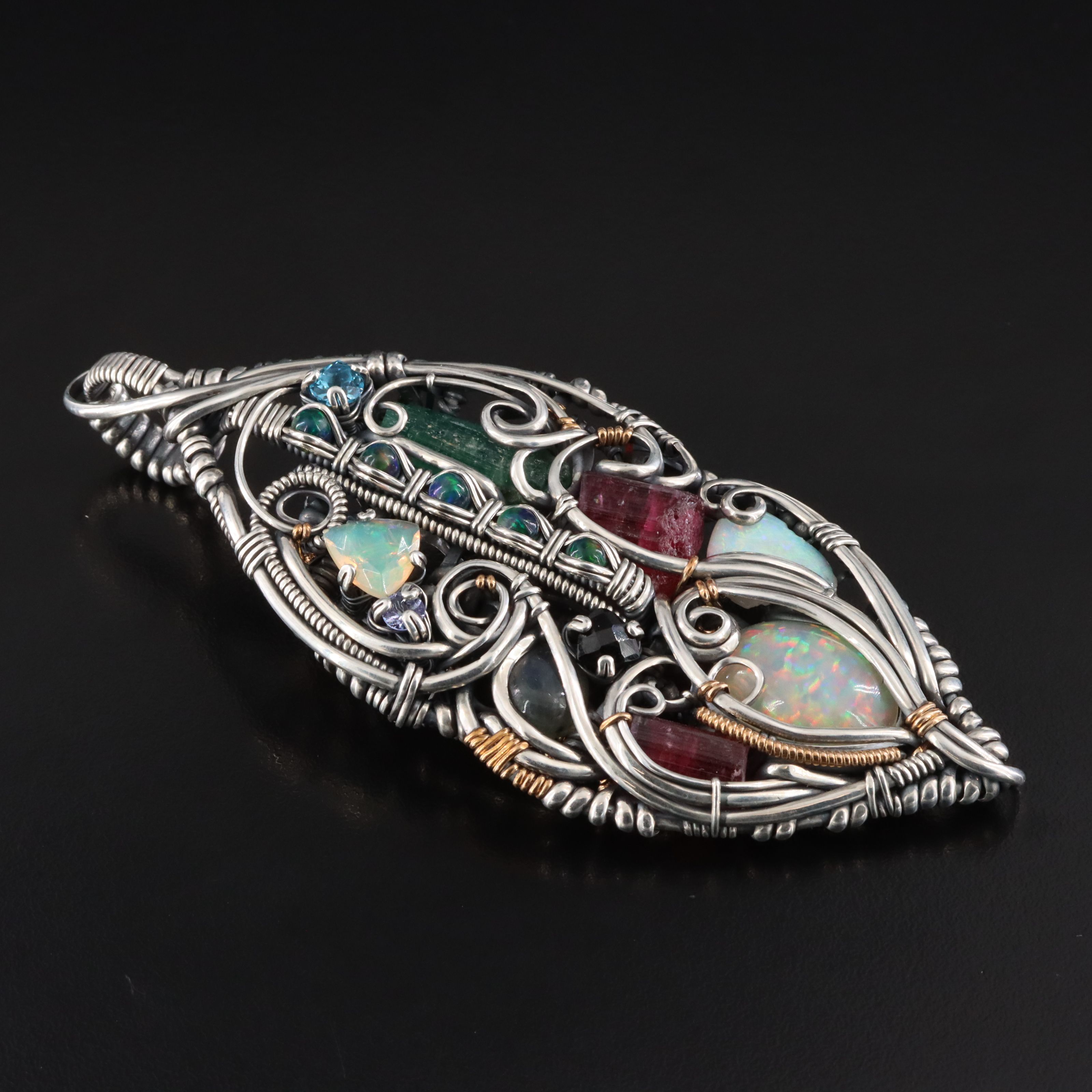 Sterling Wire Wrapped Gemstone Leaf Pendant Including Opal and Labradorite