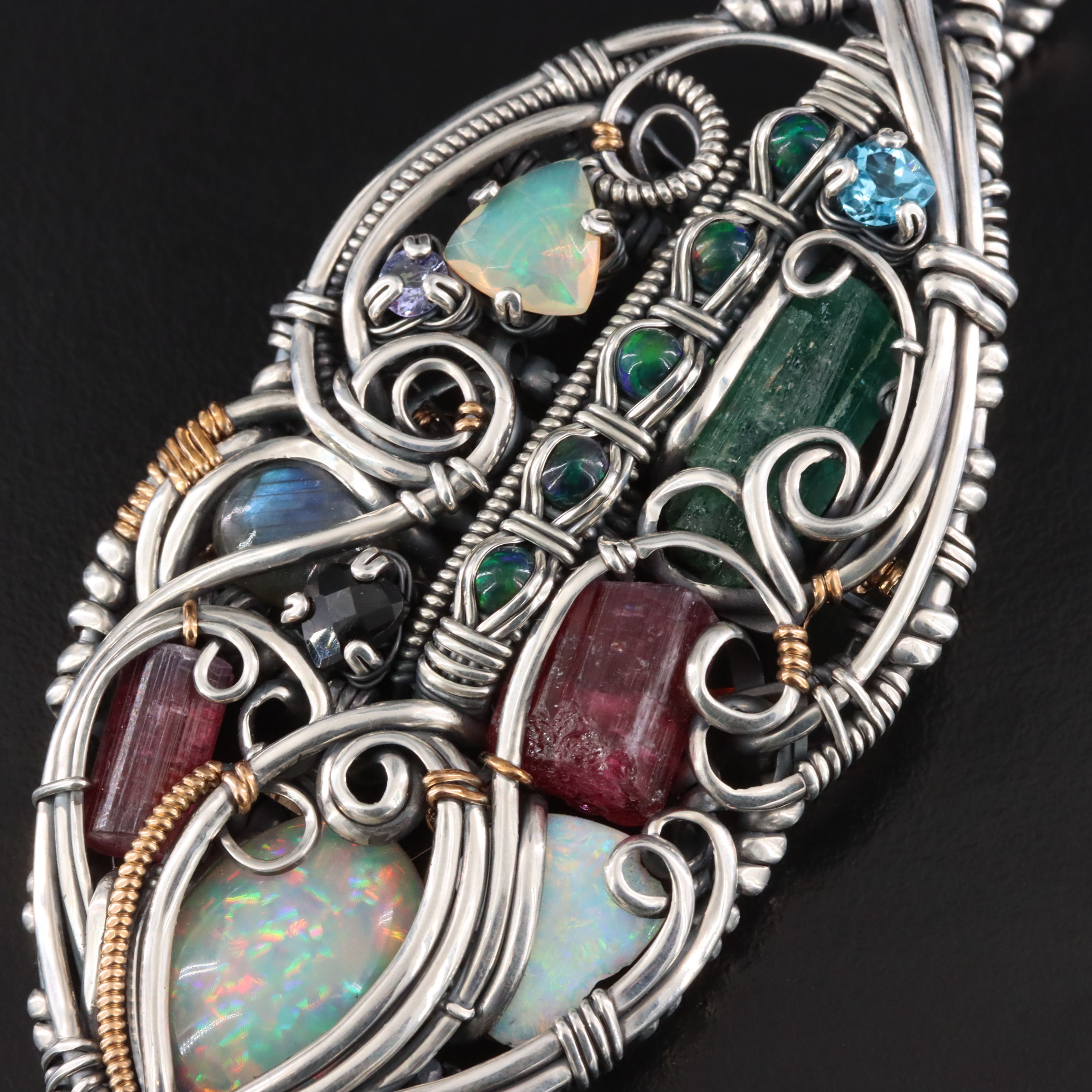 Sterling Wire Wrapped Gemstone Leaf Pendant Including Opal and Labradorite