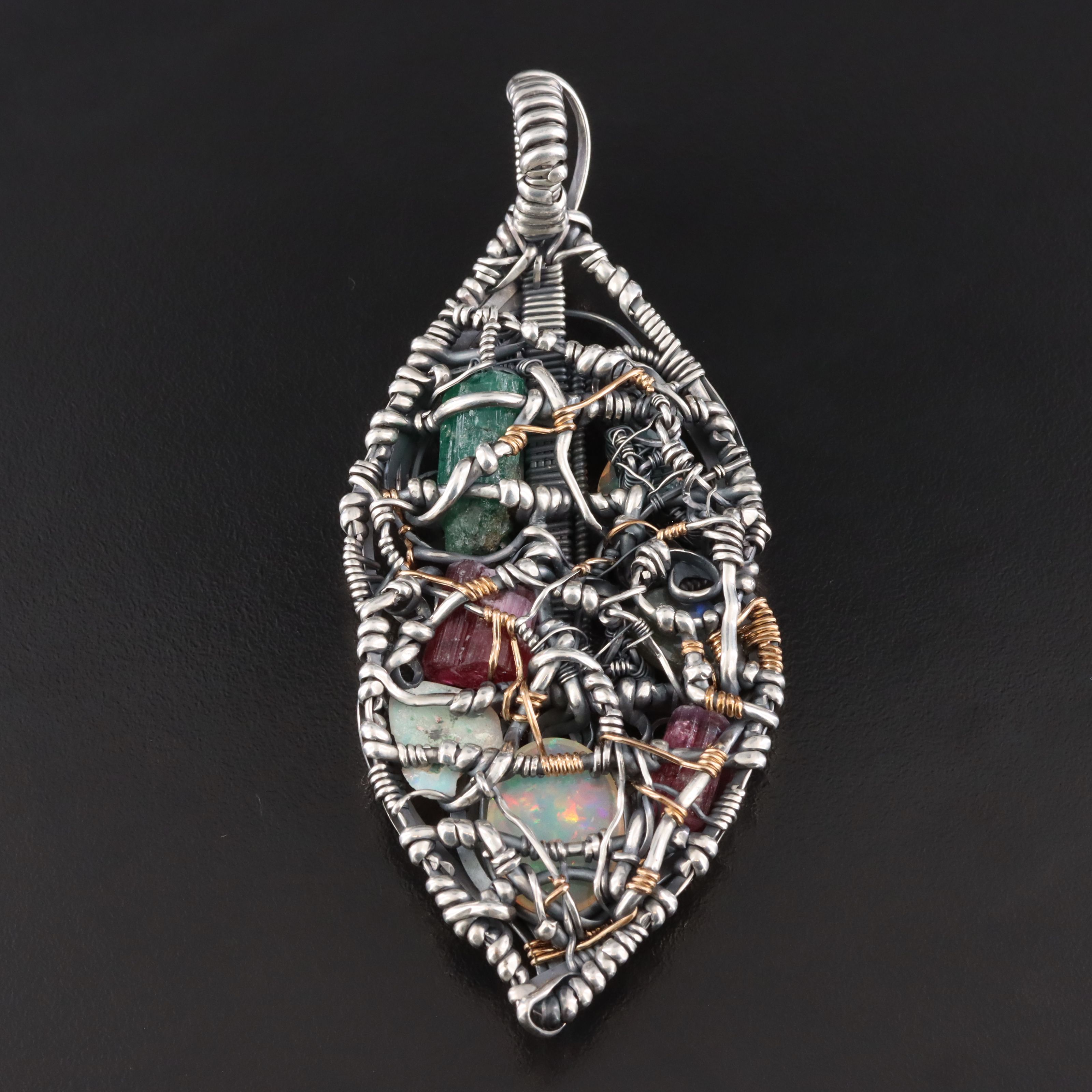 Sterling Wire Wrapped Gemstone Leaf Pendant Including Opal and Labradorite