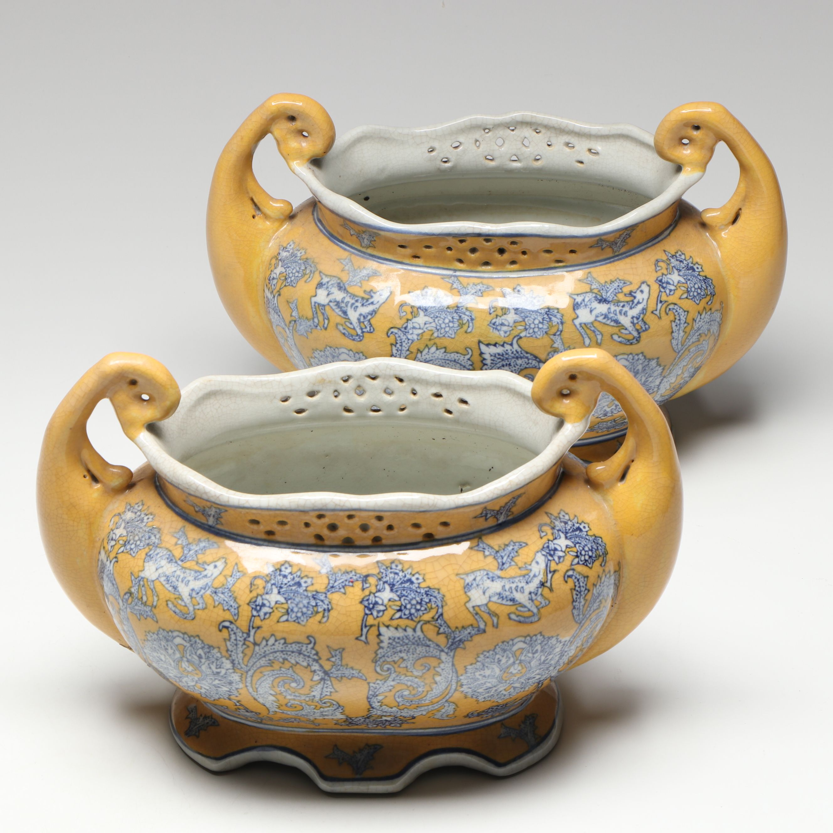 Chinese Famille Jaune Porcelain Handled Vase Pair