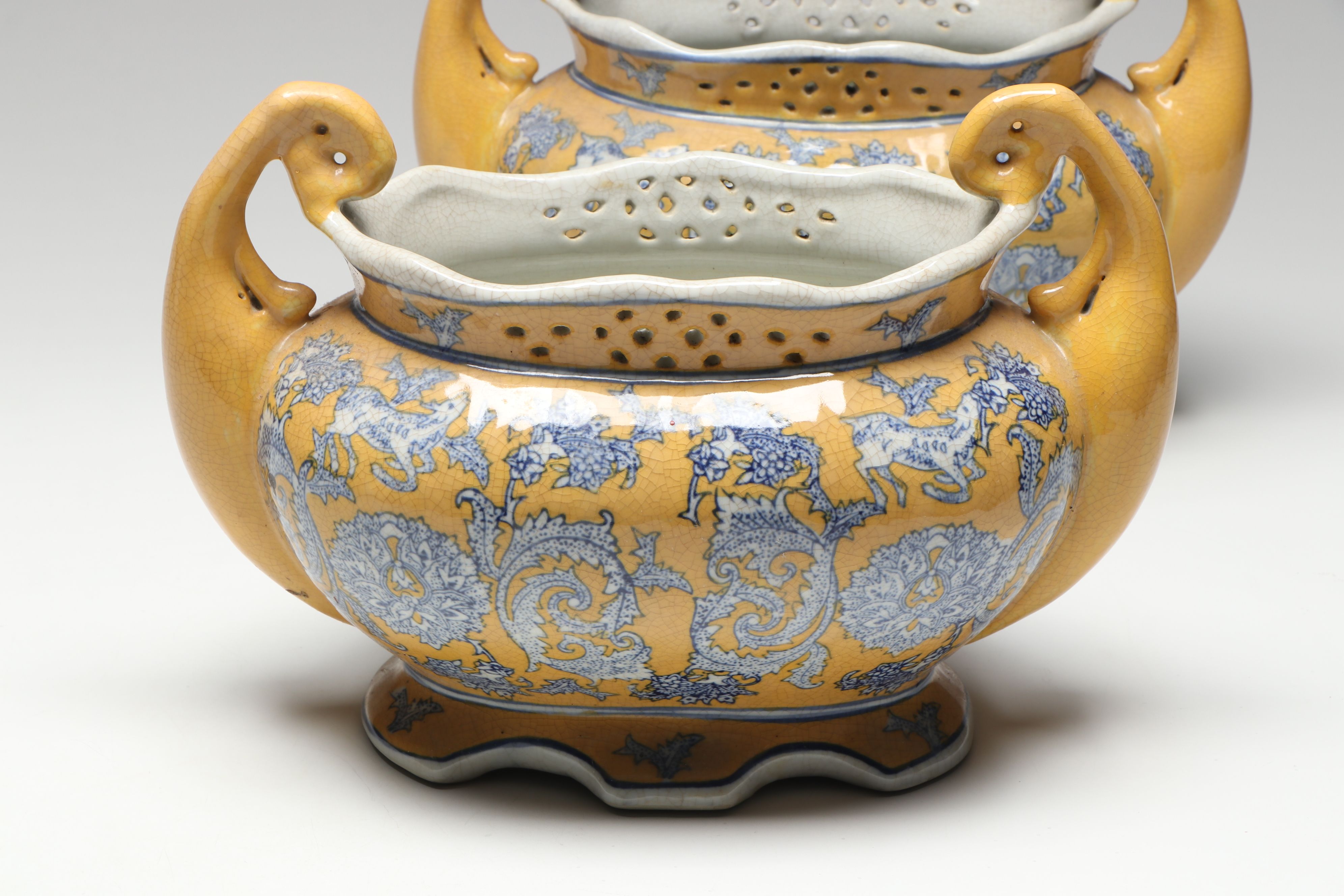 Chinese Famille Jaune Porcelain Handled Vase Pair