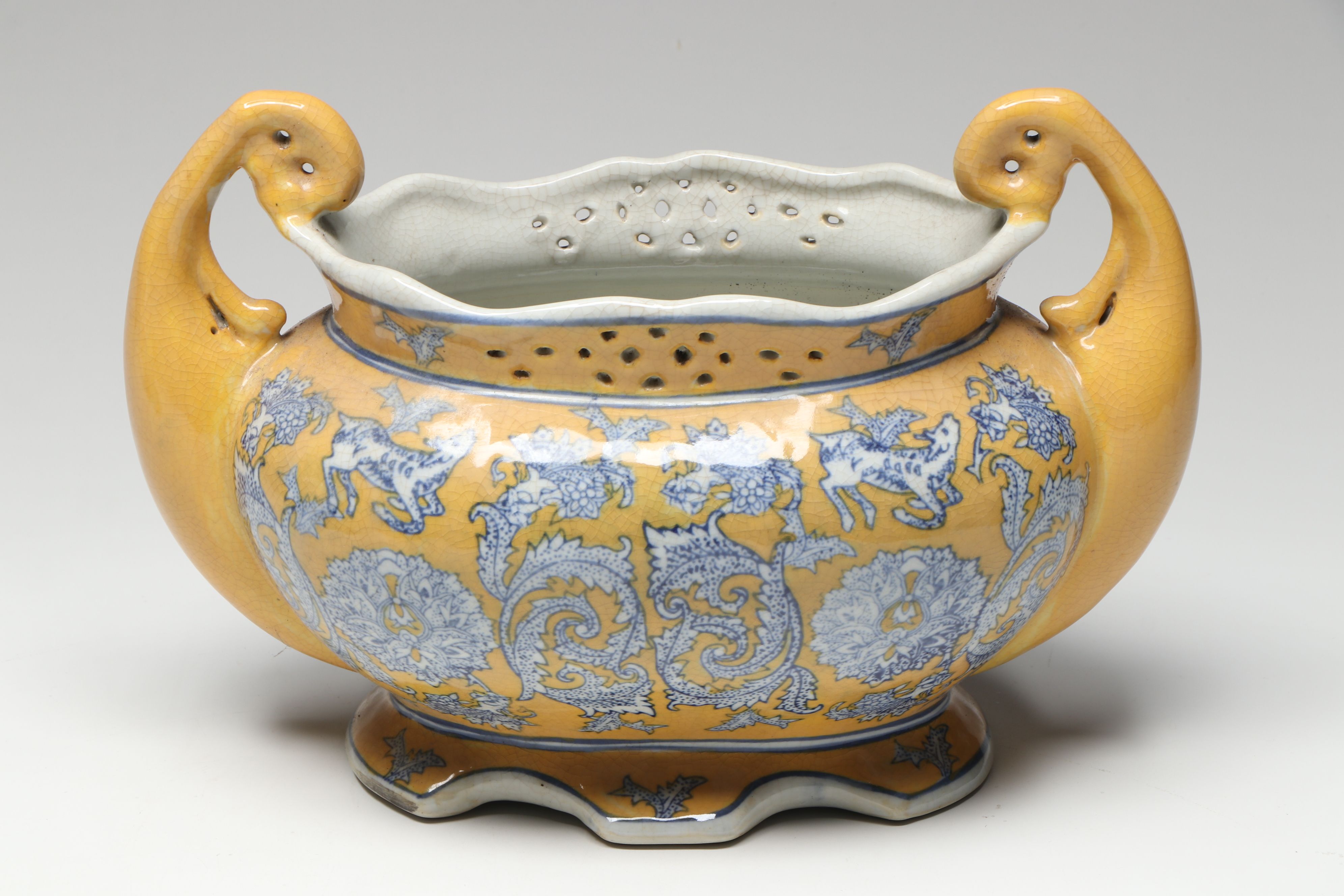 Chinese Famille Jaune Porcelain Handled Vase Pair