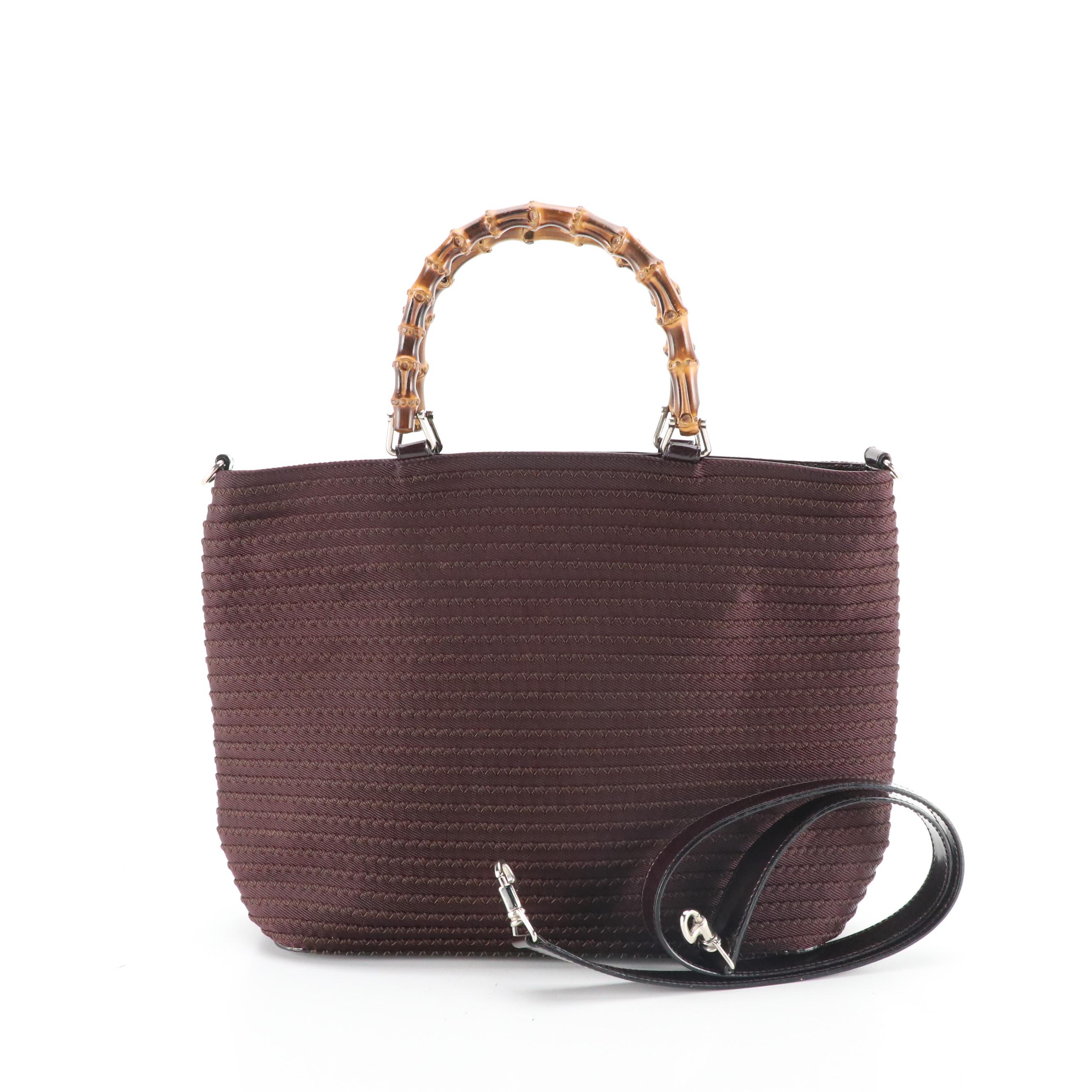 Gucci Bamboo Brown Stitched Nylon and Glazed Leather Handbag
