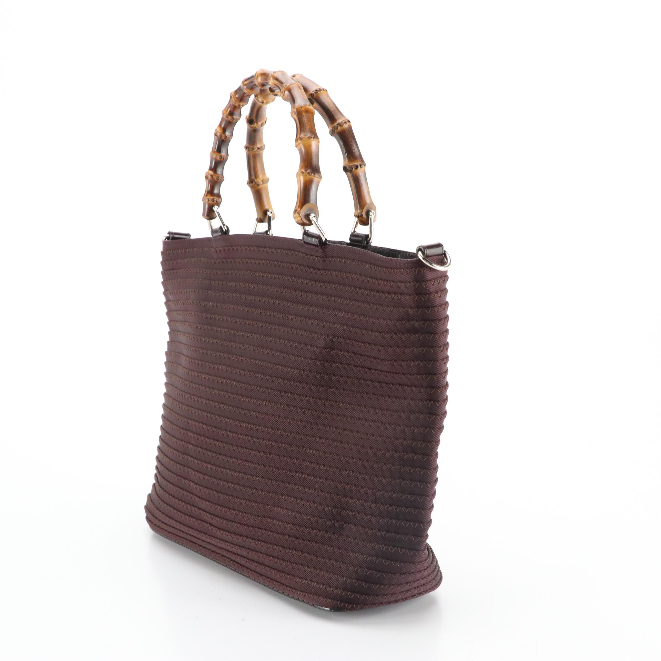 Gucci Bamboo Brown Stitched Nylon and Glazed Leather Handbag