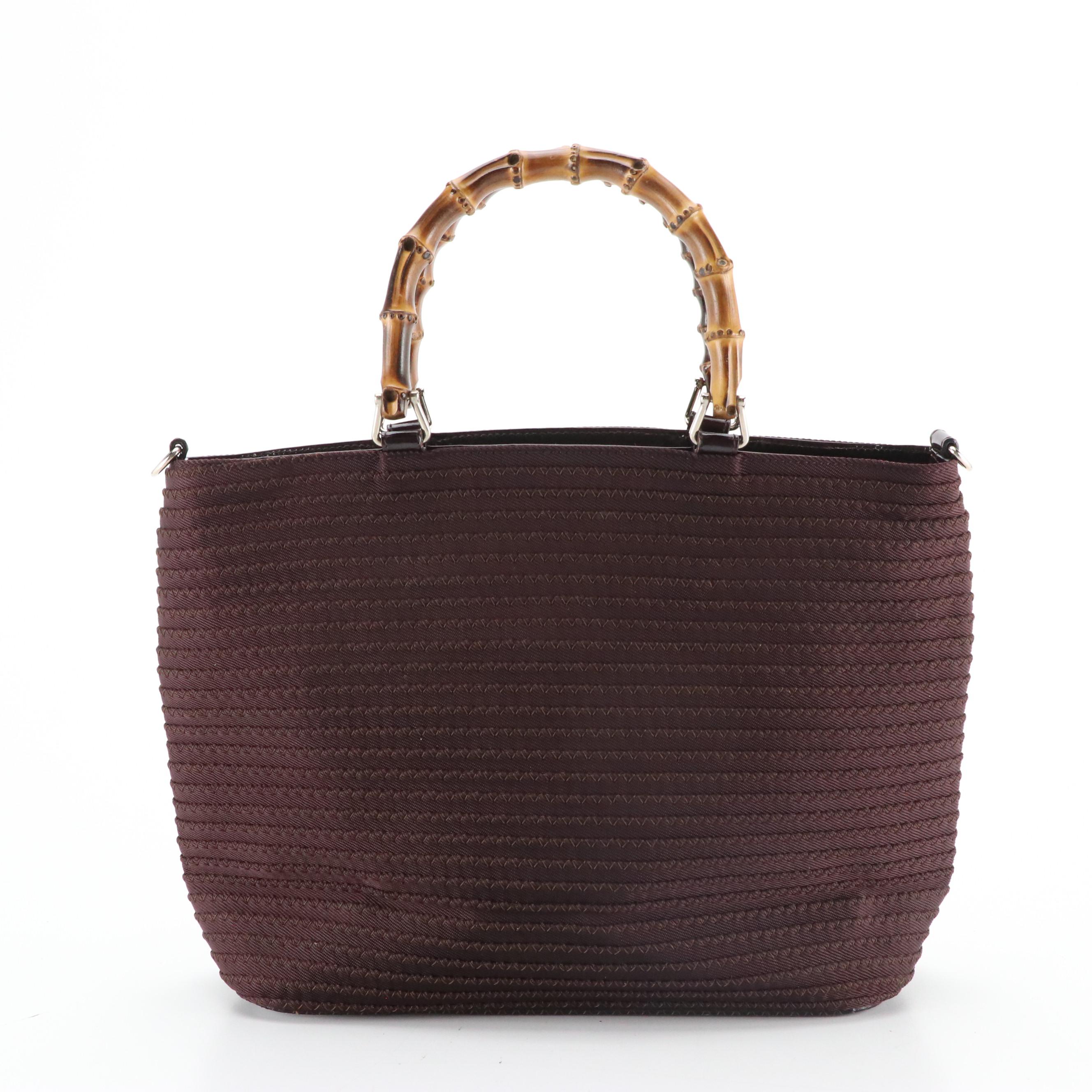 Gucci Bamboo Brown Stitched Nylon and Glazed Leather Handbag