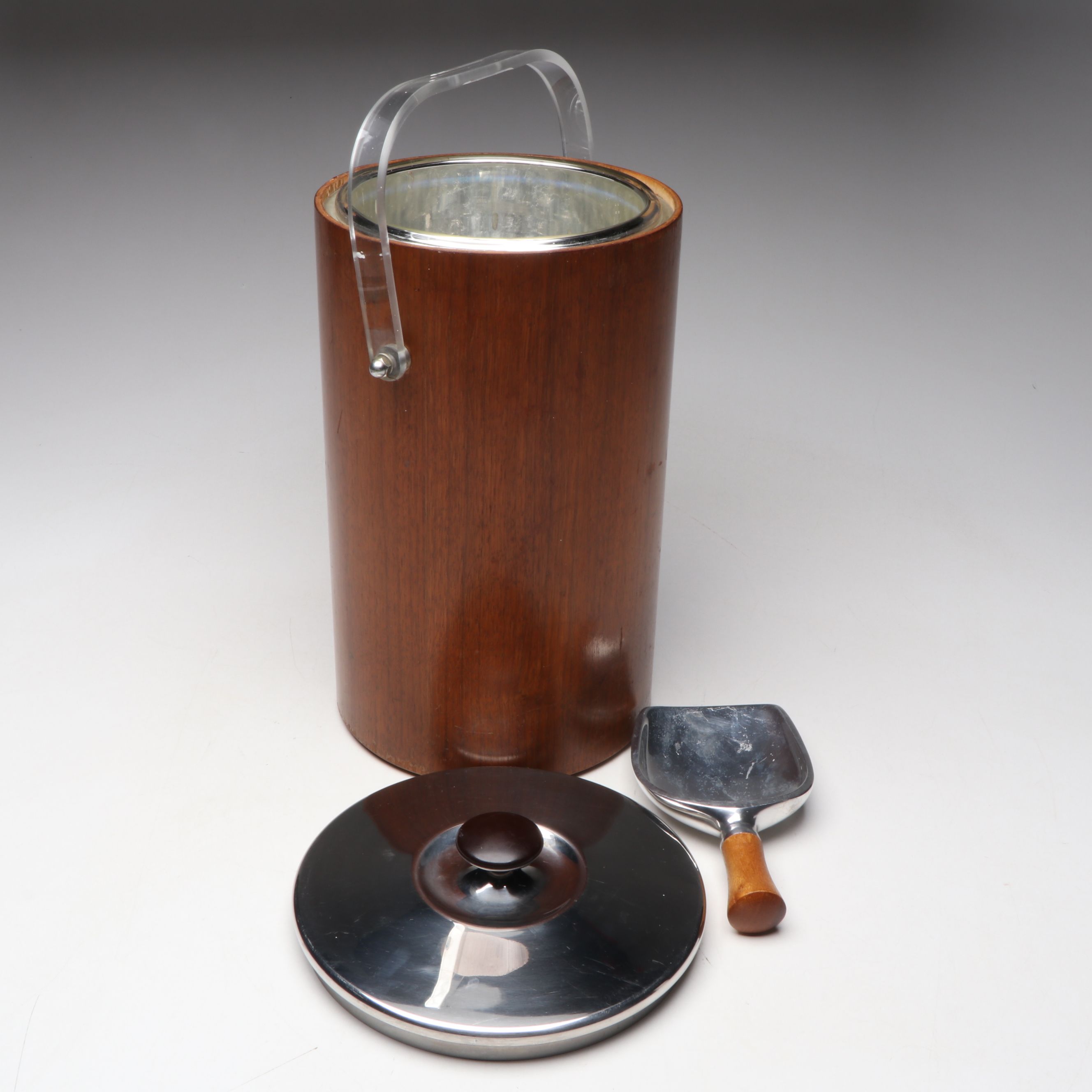 Mid Century Modern Teak and Aluminum Ice Bucket with Scoop