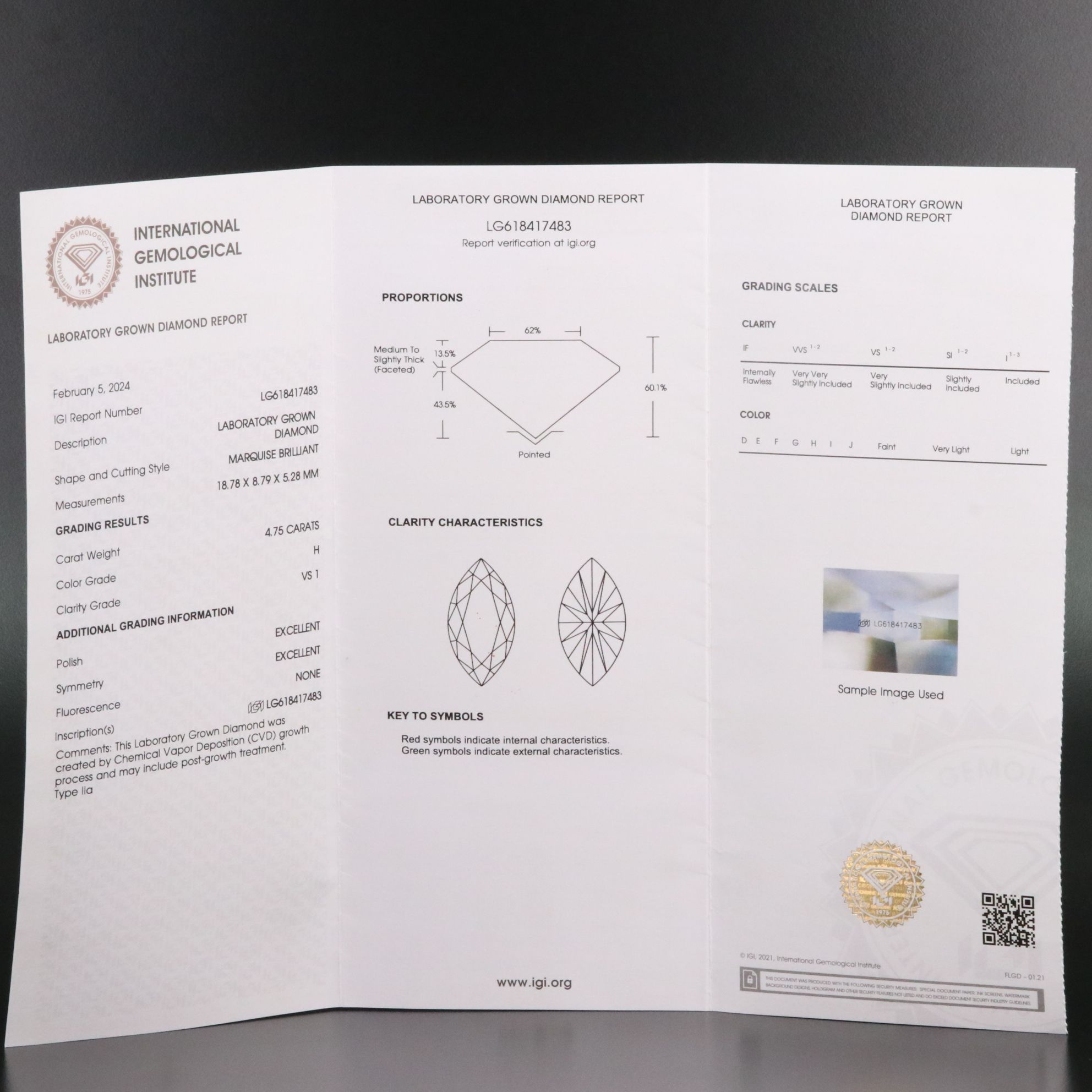 Loose 4.75 CT Lab Grown Diamond with IGI Report