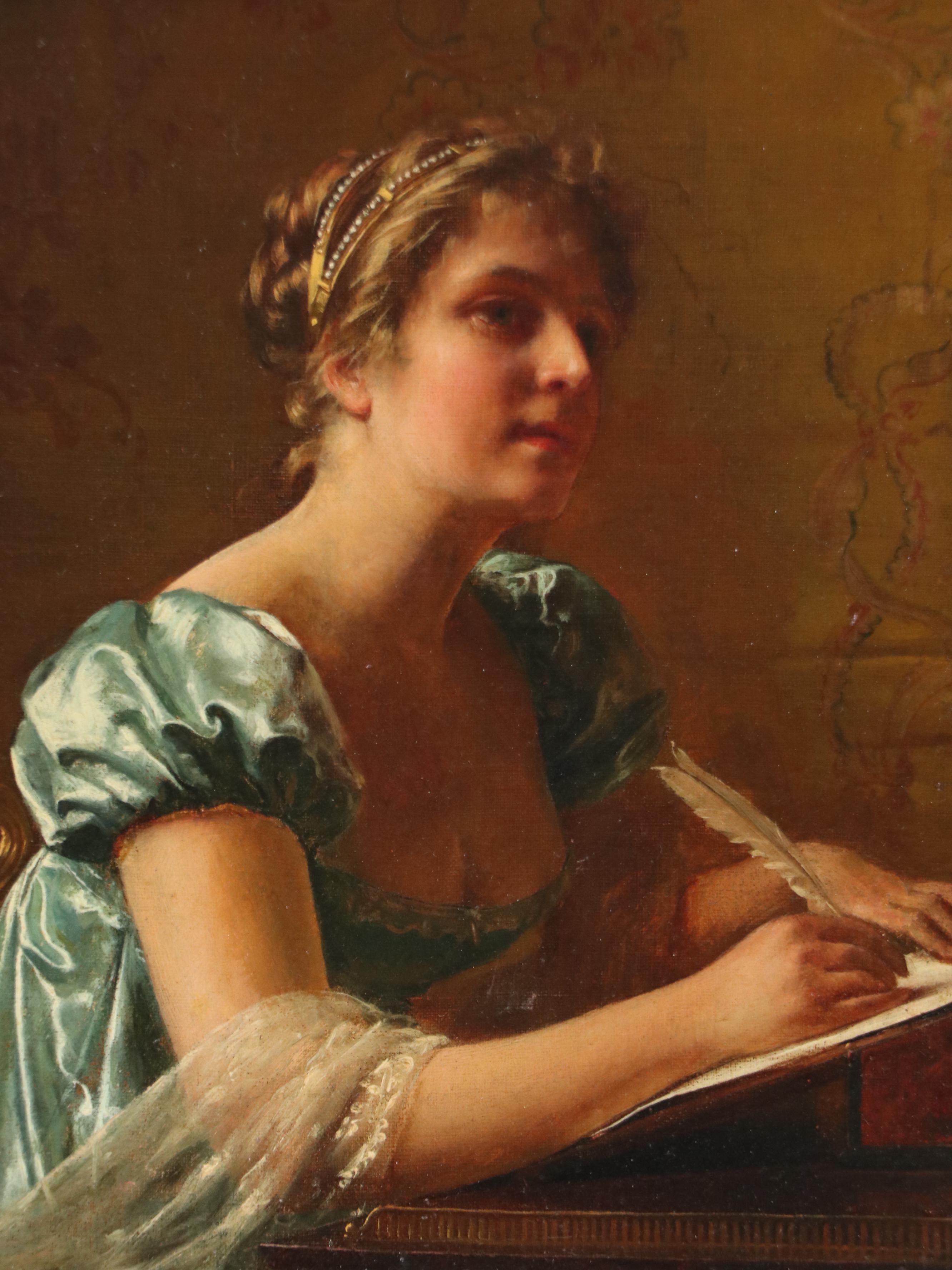 Frédéric Soulacroix Oil Painting of Young Woman Writing, Circa 1880s