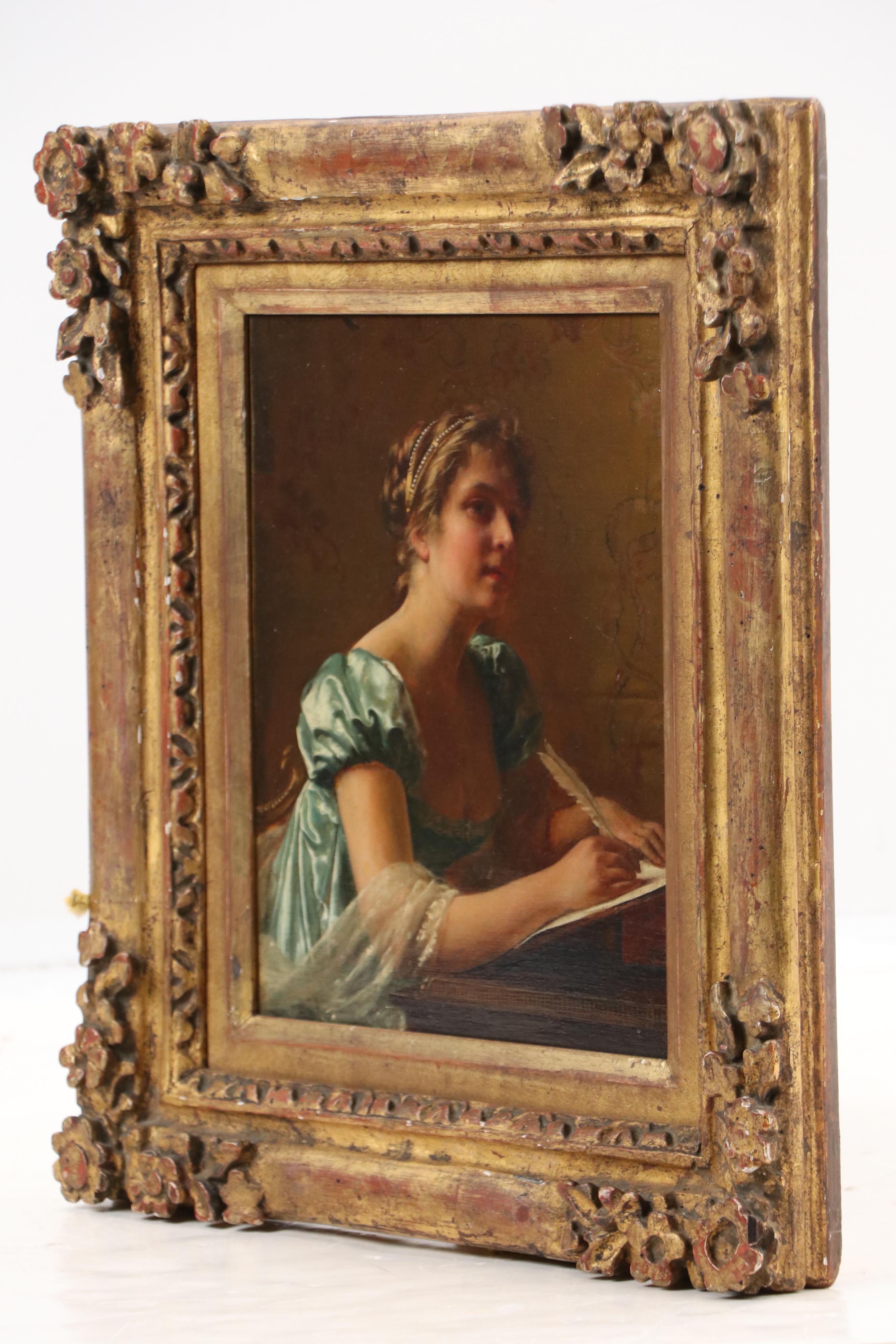 Frédéric Soulacroix Oil Painting of Young Woman Writing, Circa 1880s
