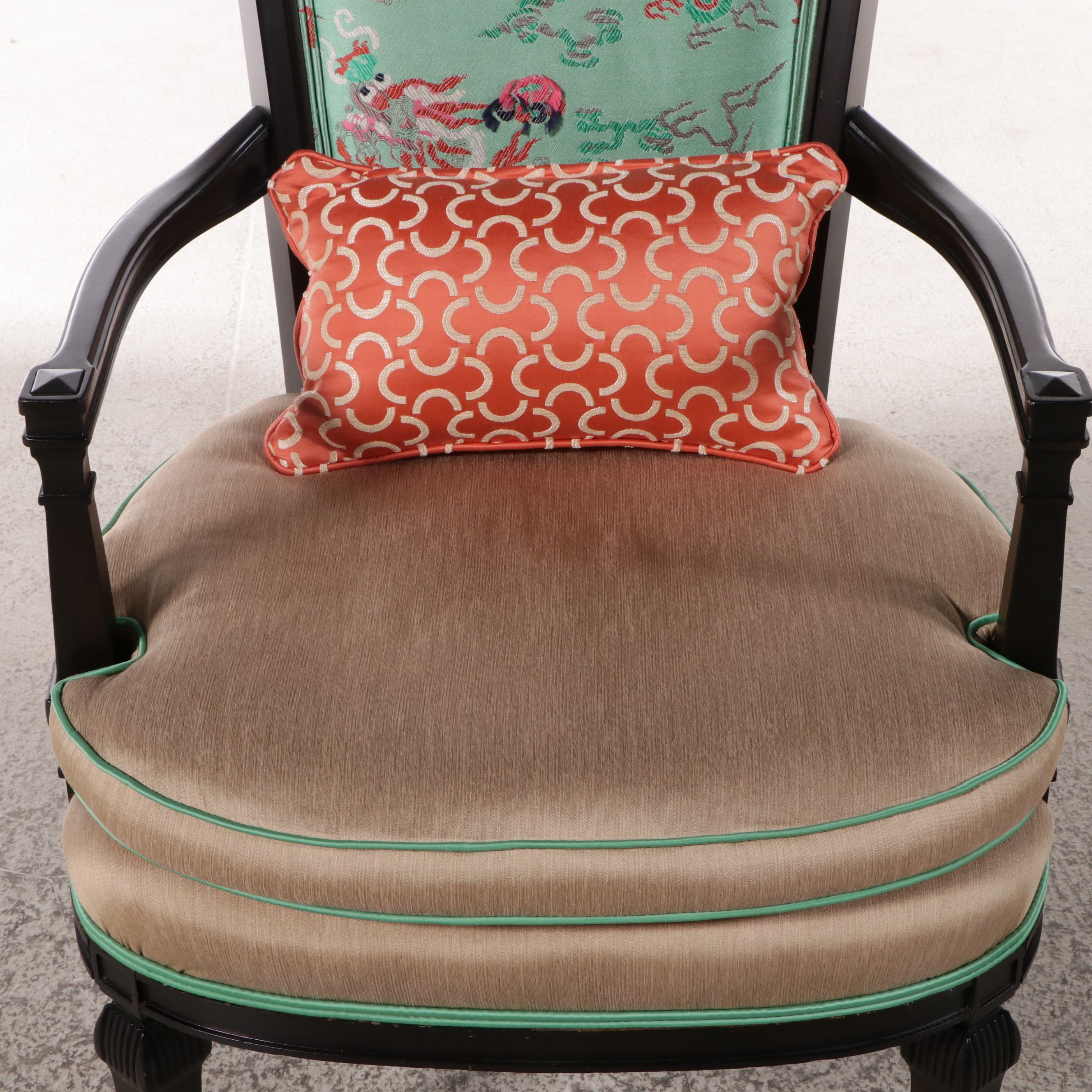 Louis XVI Style Mixed Upholstered Black Lacquered Wood High-Back Armchair